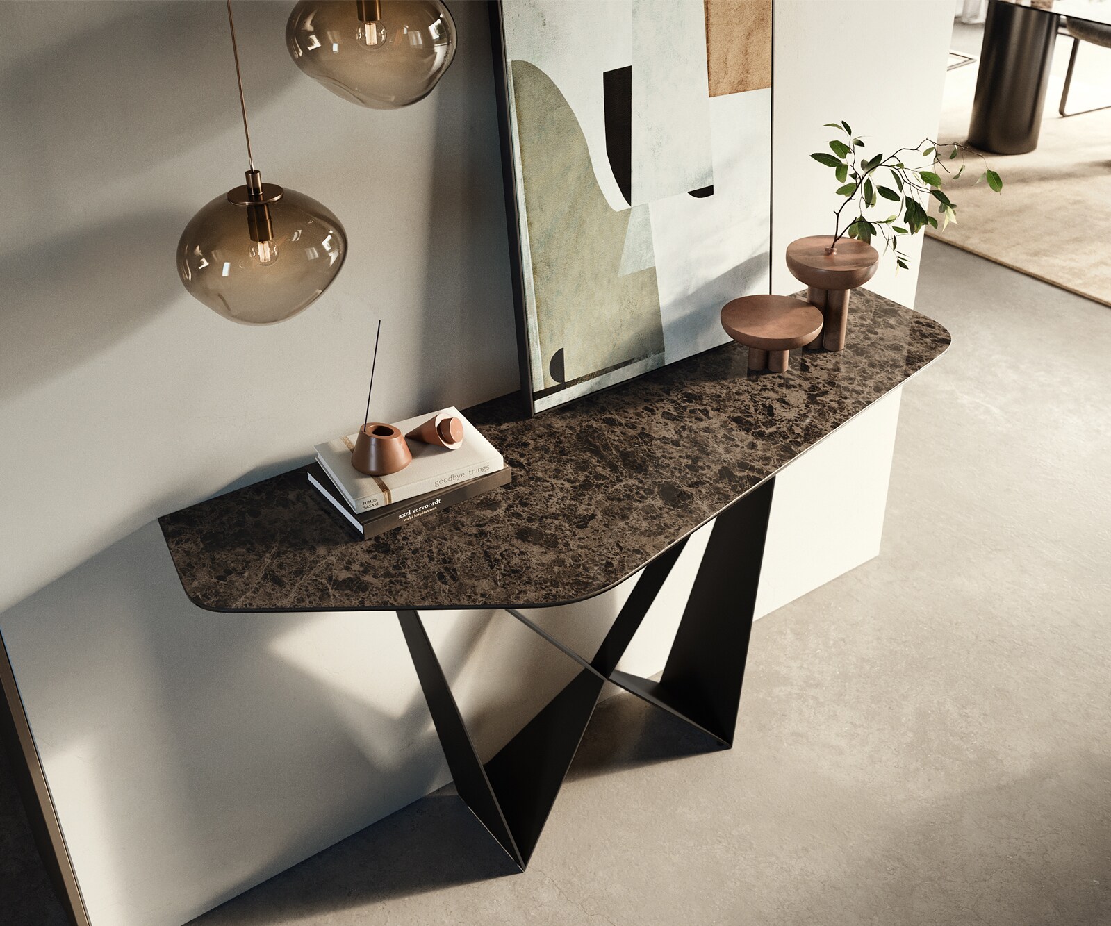 Konsolentisch Edge Polygonal 140x50 cm Keramik Emperador Extra Lucidato Dunkelbraun Spios Metall Schwarz 1