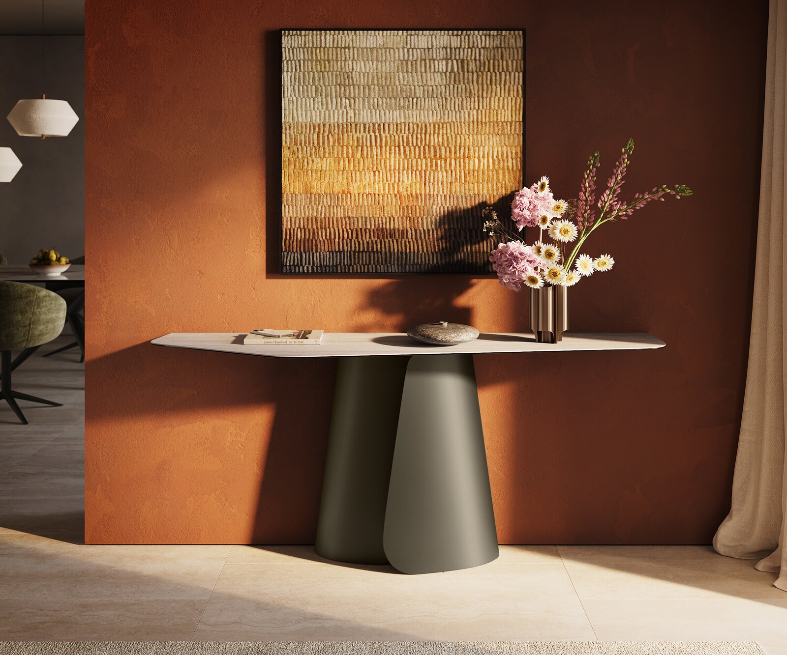 Konsolentisch Edge Polygonal 180x50 cm Keramik Laminam® Travertino Bianco Creme-Weiß Livos Metall Effektfinish Titan 1