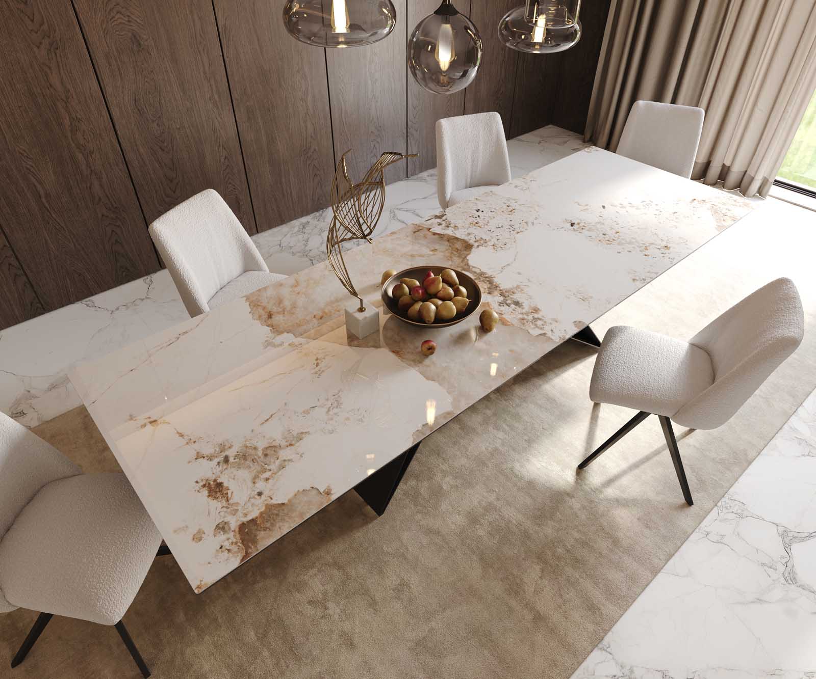 Esstisch Edge 300x100 Keramik Minas Melange Weiß-Beige V-Gestell Flachstahl Schwarz 6