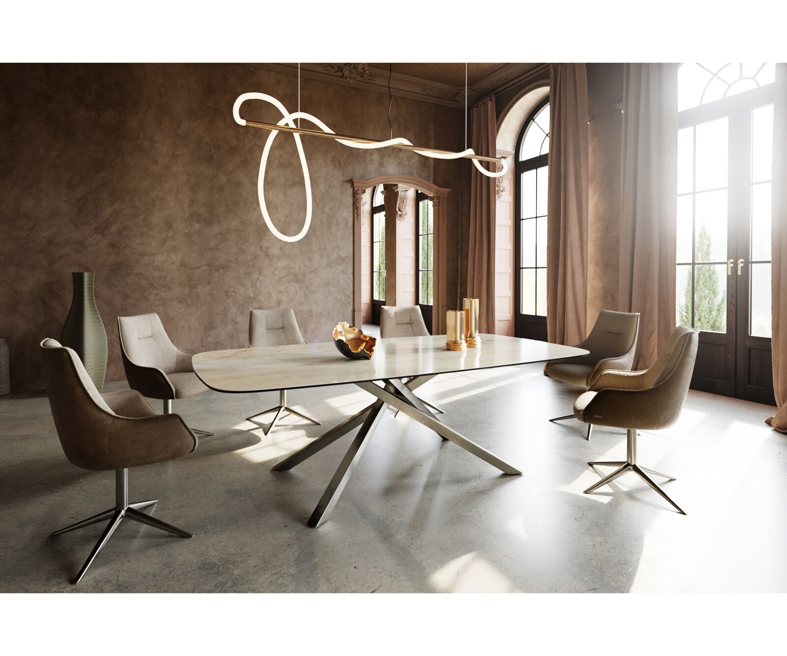 Esstisch Edge Boot 240x120 cm Keramik Iris FMG Onice Oro Kreuzgestell Rechteck Edelstahl 6