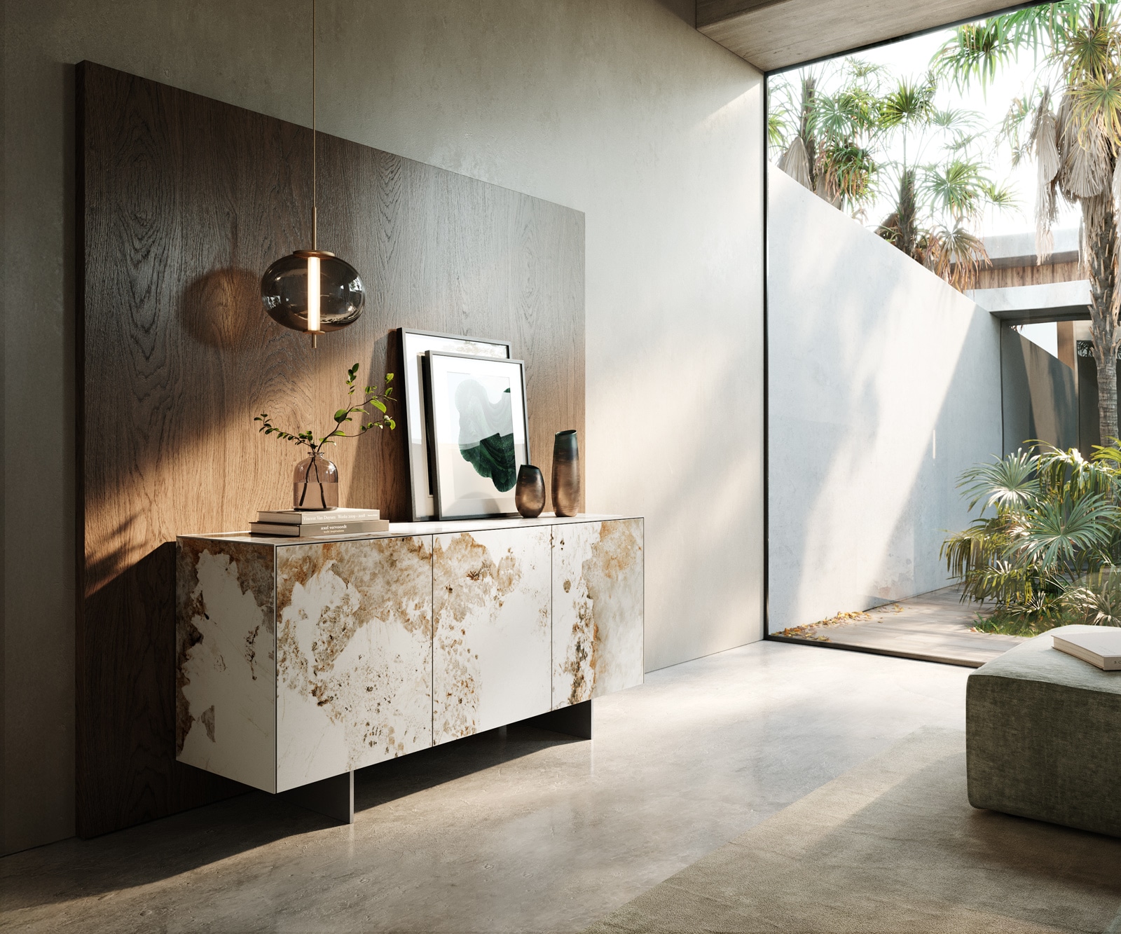 Sideboard Cuor 150 cm Keramik Minas Melange Weiß-Beige 3 Türen Fuß Schwebeoptik Edelstahl 1