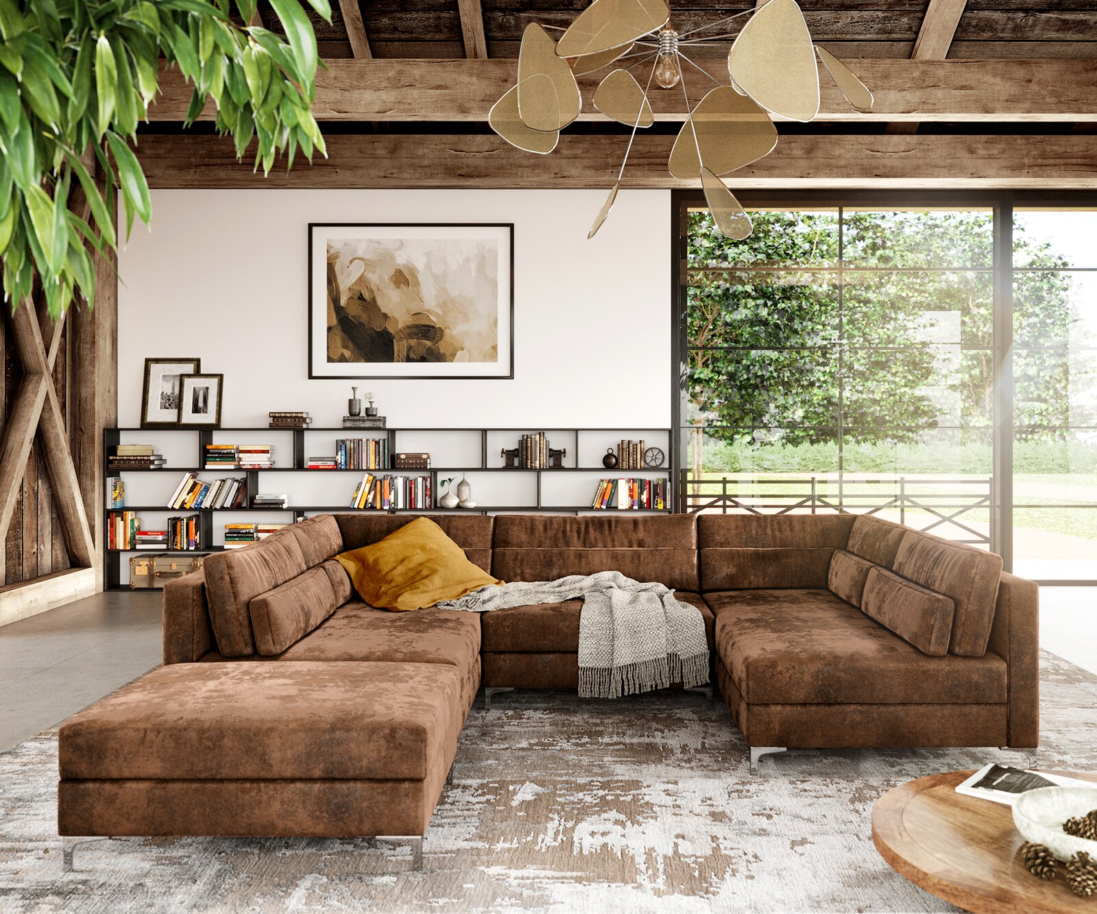 Wohnlandschaft Elio 300x185 cm Lederimitat Vintage Braun Antik mit Hocker 1