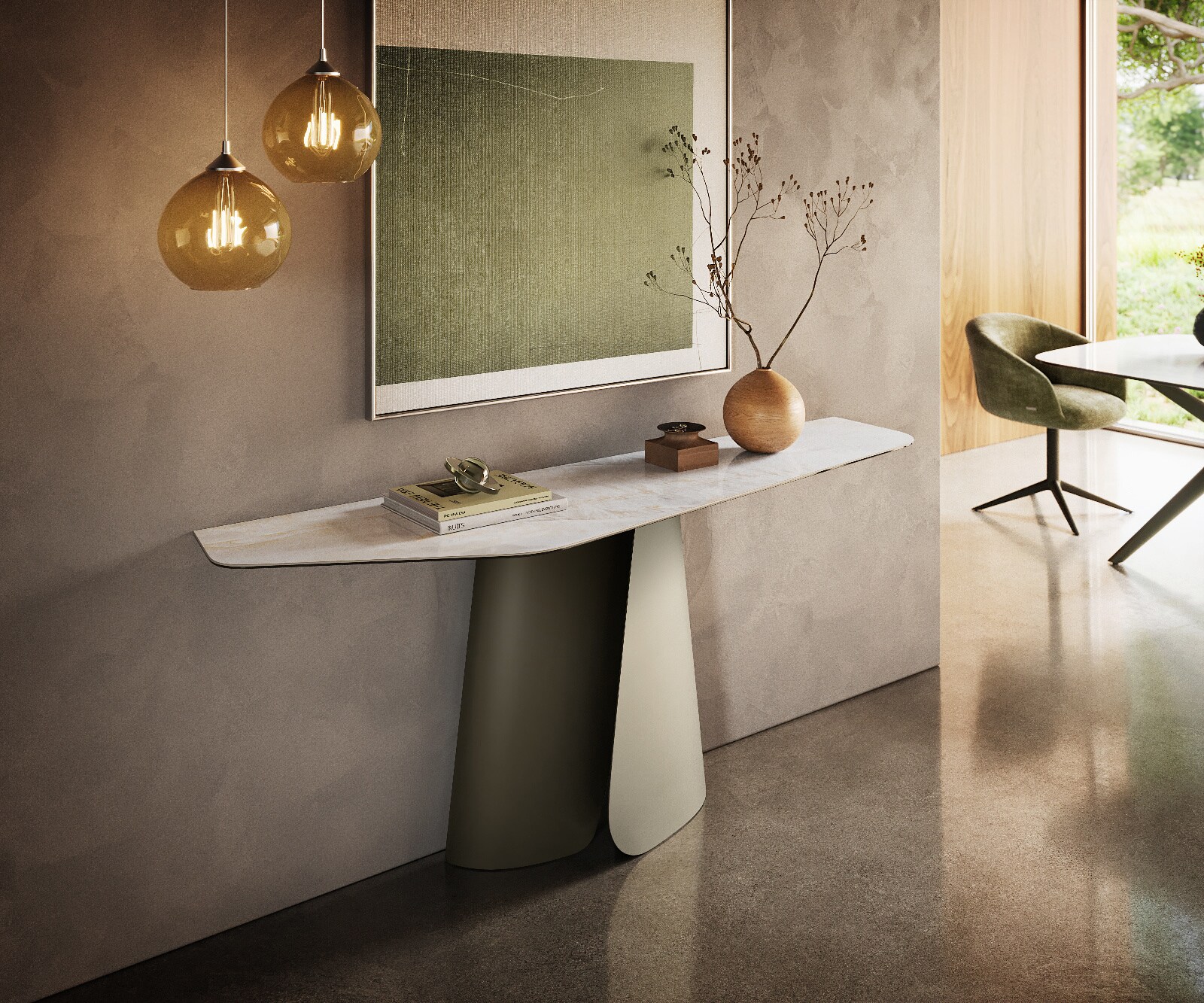 Konsolentisch Edge Polygonal 180x50 cm Keramik Onyx Pearl Livos Metall Effektfinish Titan 1