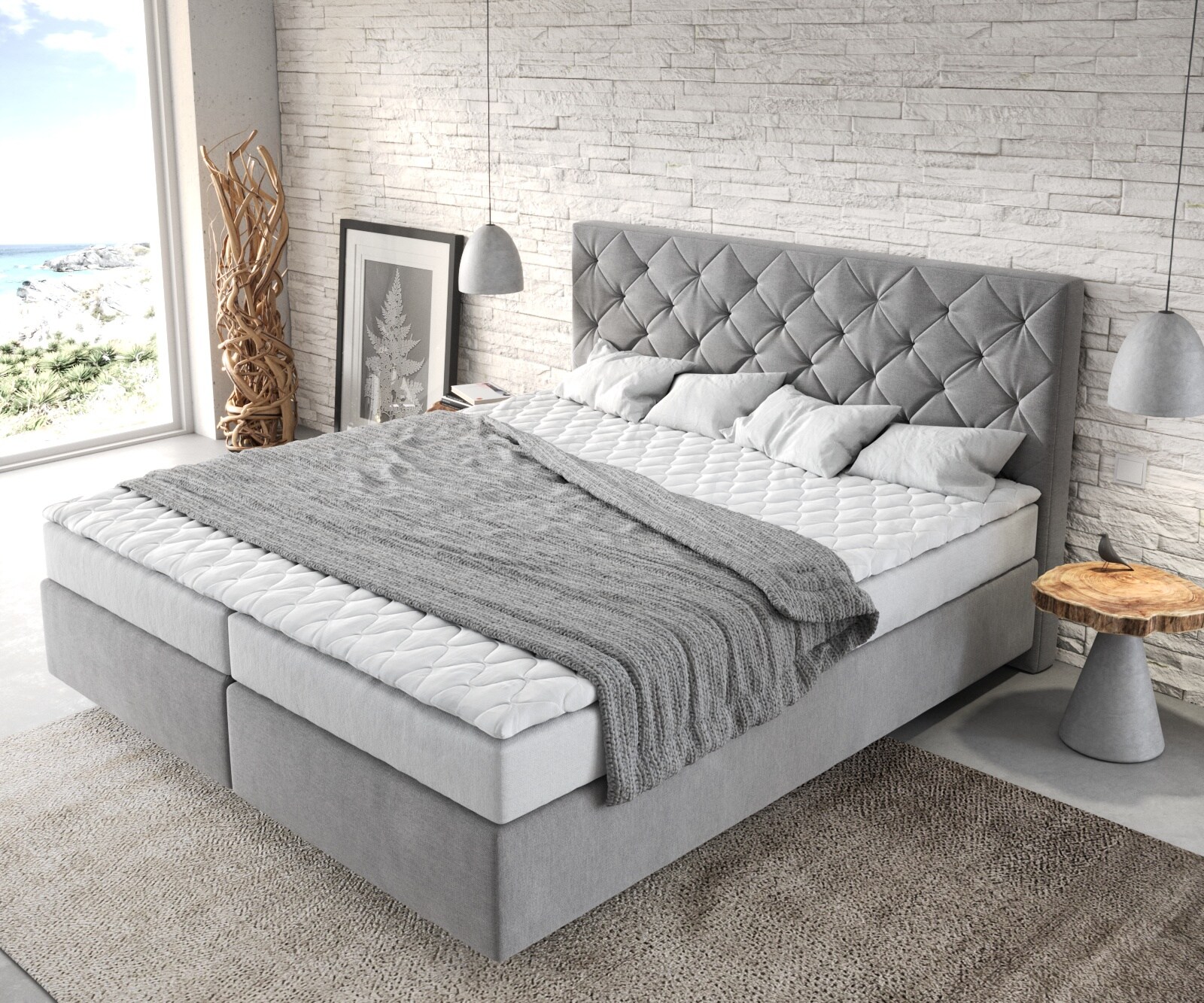 Boxspringbett Dream-Great 180x200 cm Mikrofaser Grau mit Matratze und Topper 3