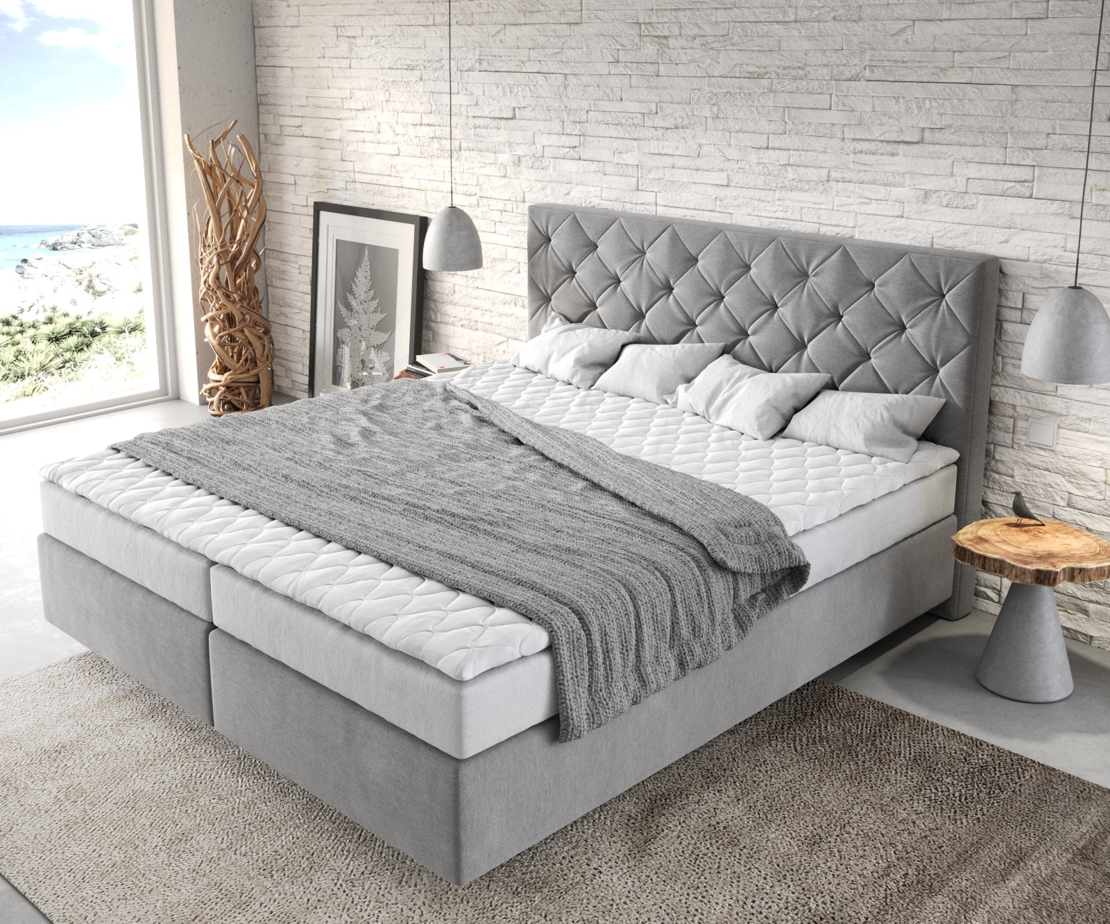 Boxspringbett Dream-Great Mikrofaser Grau 180x200 cm mit Matratze und Topper