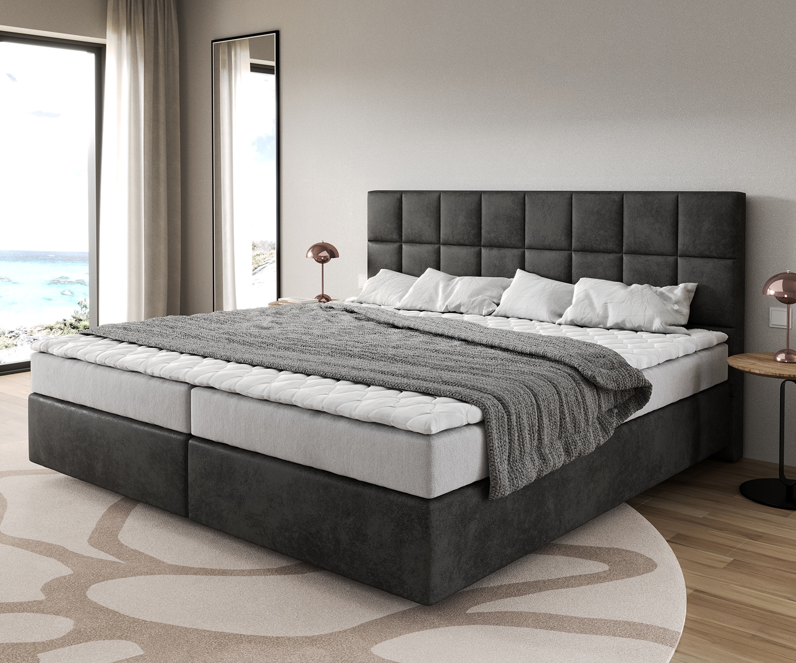 Boxspringbett Dream-Fine Mikrofaser Anthrazit Vintage 200x200 cm Bonell-Matratze PU-Topper 1