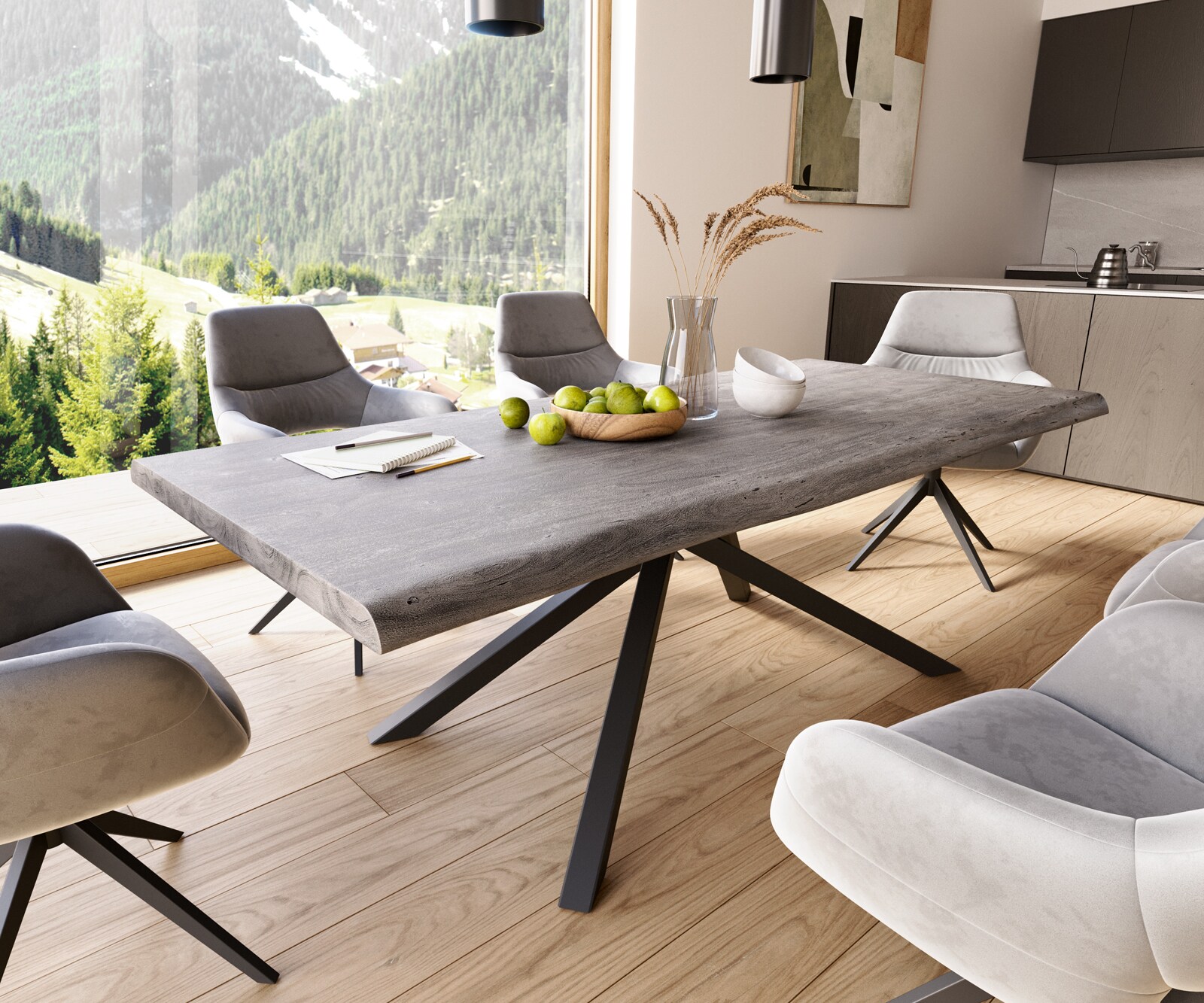 Esstisch Edge 220x100 XL Akazie Platin Kreuzgestell Rechteck Schwarz Live-Edge 1