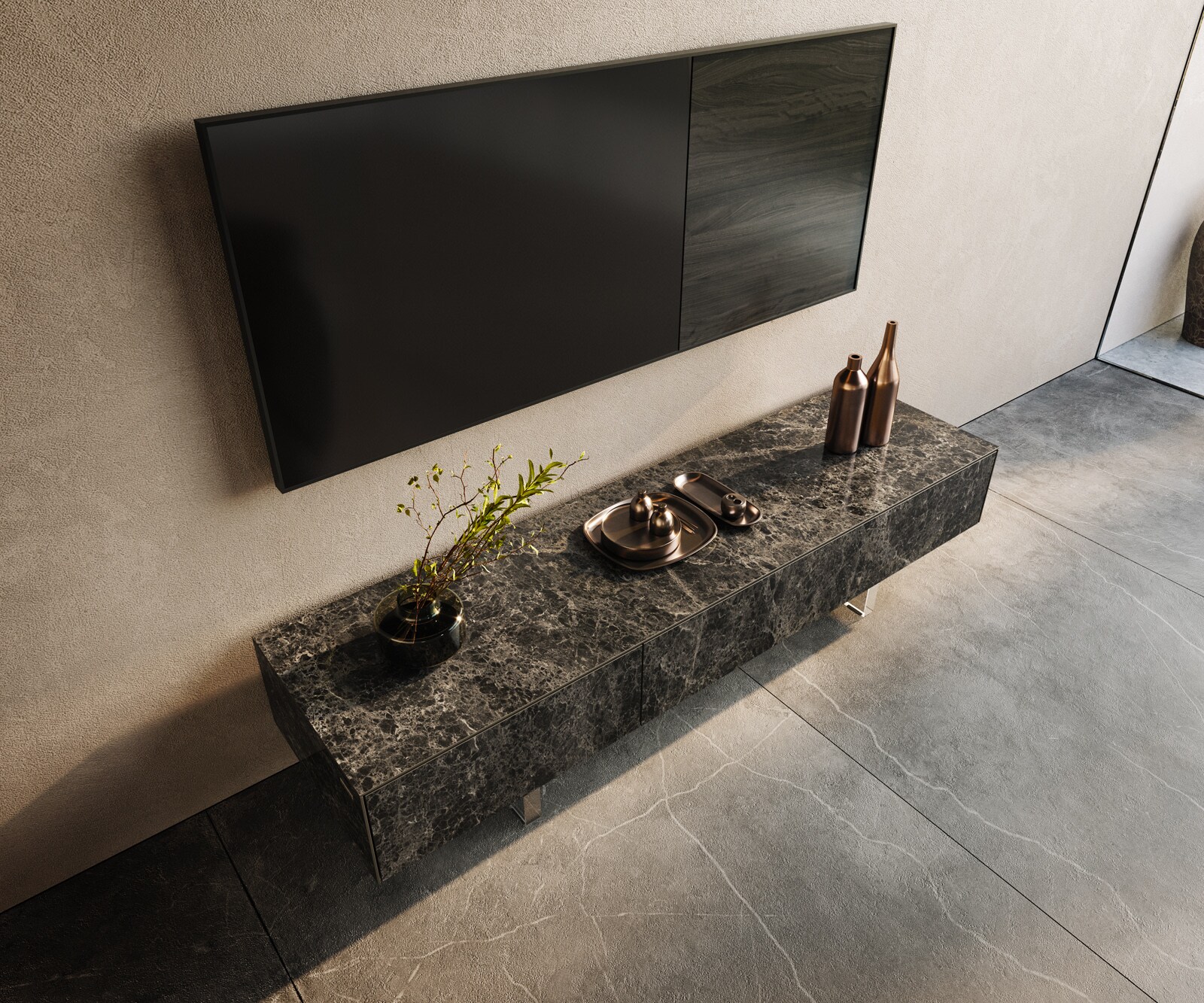 Lowboard Cuor 150 cm Keramik Laminam® Emperador Extra Lucidato Dunkelbraun 1 Klappe 1 Schubfach Fuß Schwebeoptik Acrylglas 3