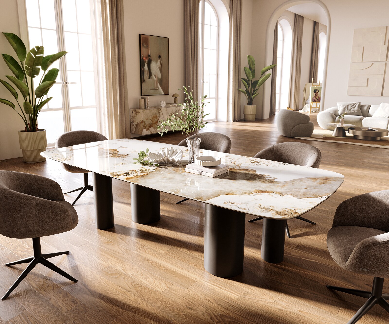 Esstisch Edge Boot 260x120 cm Keramik Minas Melange Weiß-Beige Pilier Metall Schwarz 1