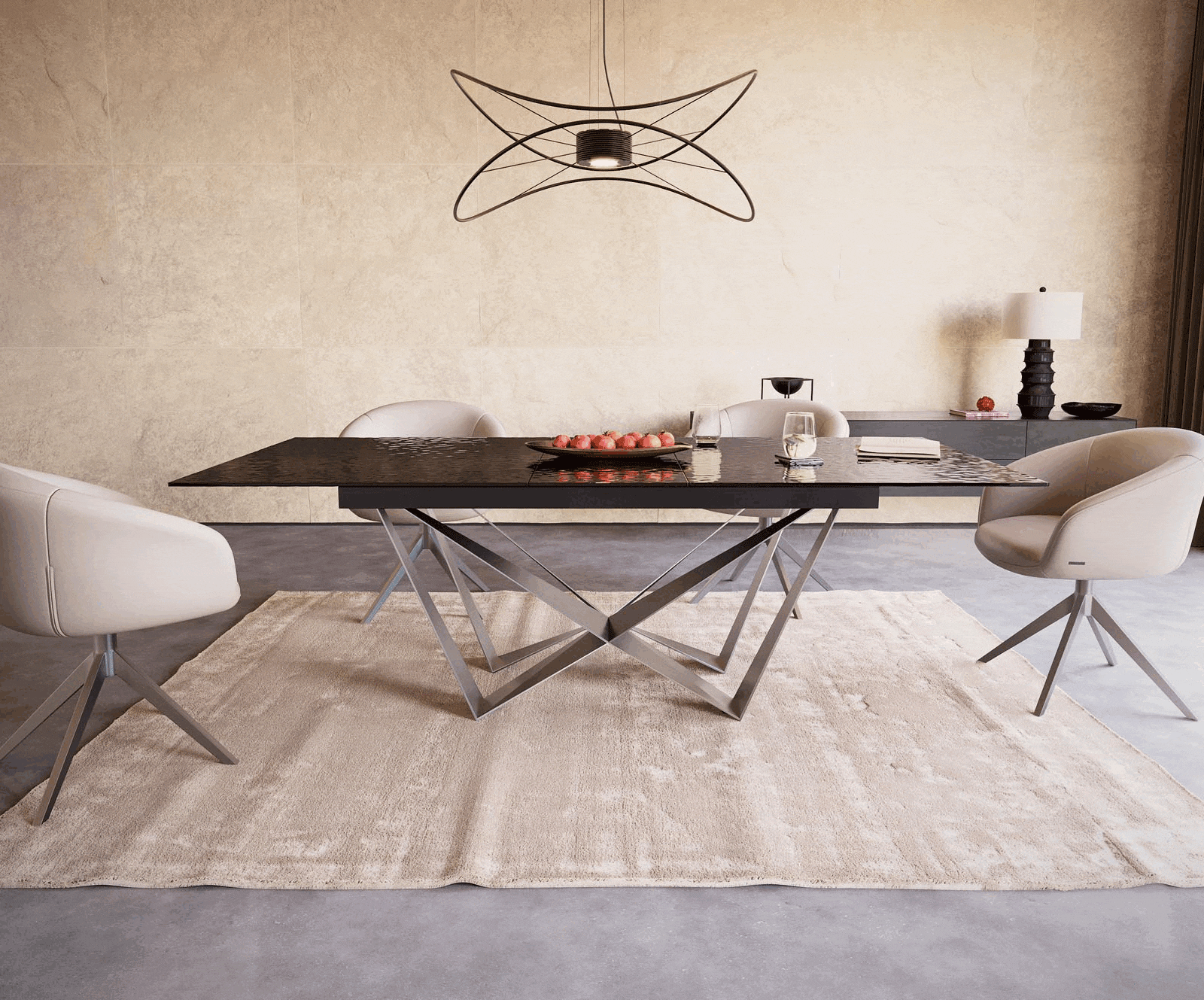 Esstisch Edge 180-220x100 Reliefglas Rauchschwarz 3D-Design Spider Flachstahl Edelstahl ausziehbar 1 Esstisch Edge 180-220x100 Reliefglas Rauchschwarz 3D-Design Spider Flachstahl Edelstahl ausziehbar 1