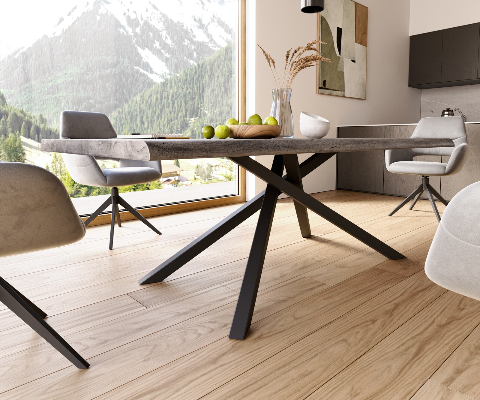 Esstisch Edge 220x100 XL Akazie Platin Kreuzgestell Rechteck Schwarz Live-Edge 6
