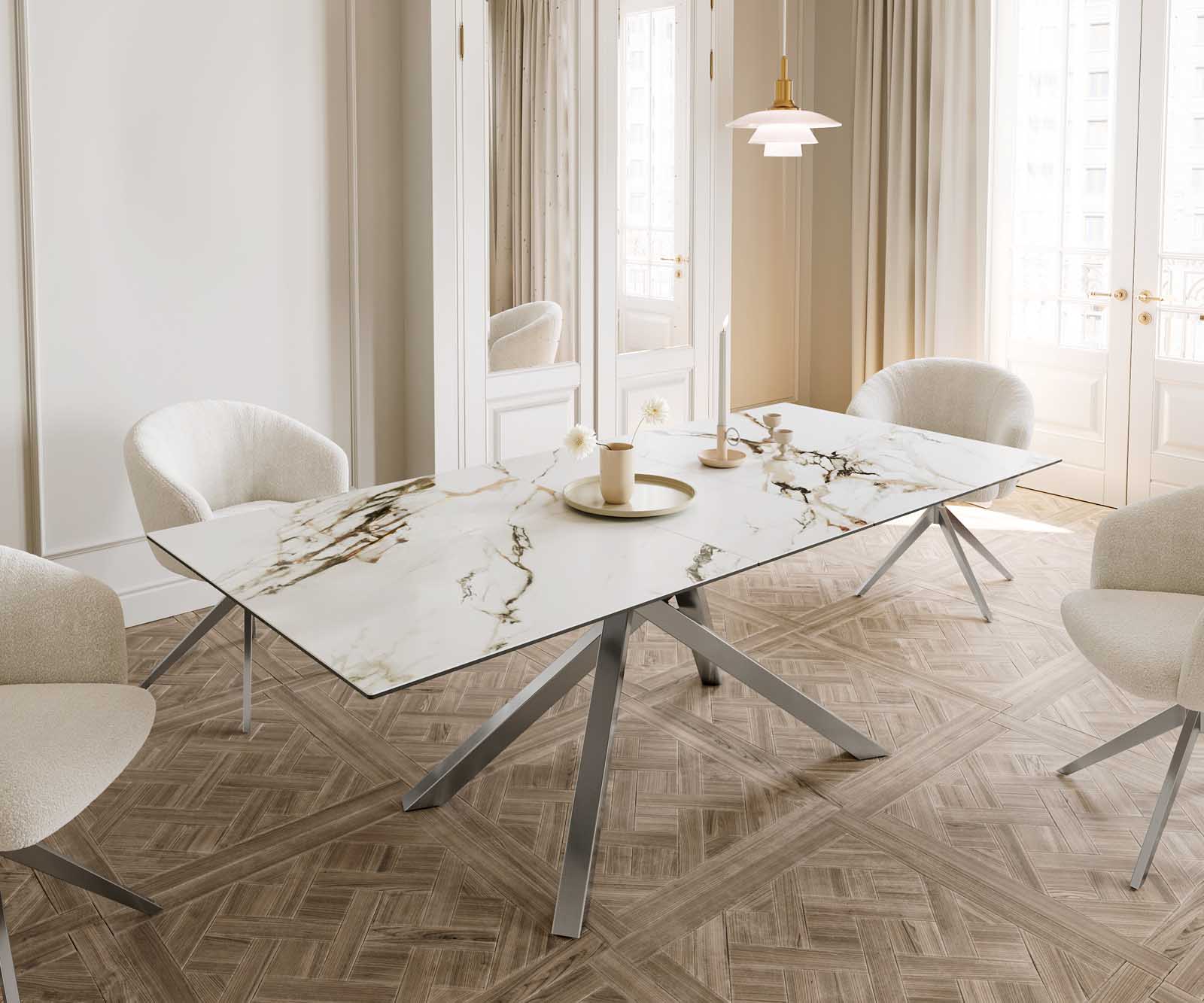 Esstisch Edge 180-220x100 Keramik Calacatta Luxe Weiß-Gold-Grau Kreuzgestell Rechteck Edelstahl ausziehbar Esstisch Edge 180-220x100 Keramik Calacatta Luxe Weiß-Gold-Grau Kreuzgestell Rechteck Edelstahl ausziehbar