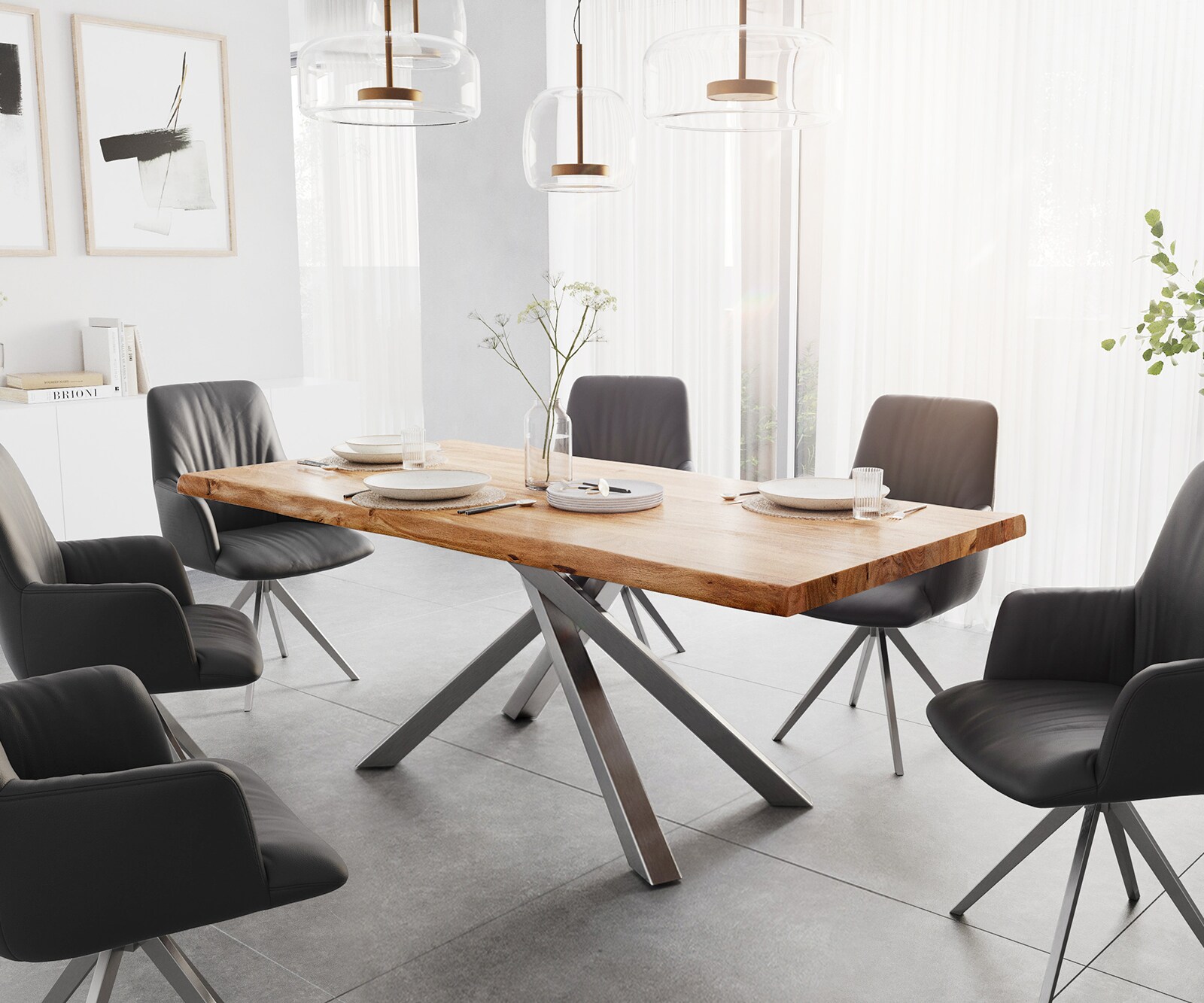 Esstisch Edge 200x100 XL Akazie Natur Kreuzgestell Rechteck Edelstahl Live-Edge