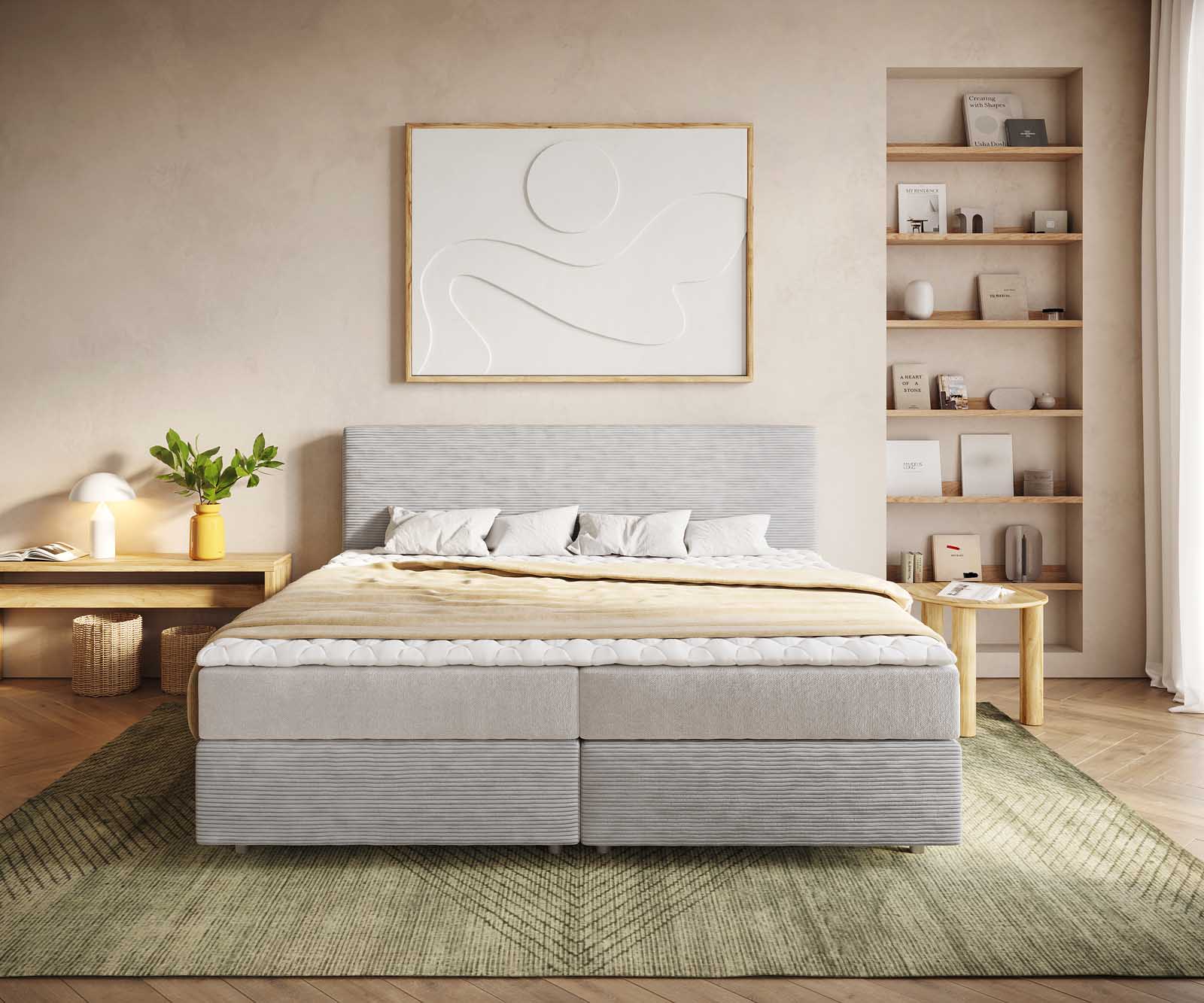 Boxspringbett Dream-Well Cord Silbergrau 200x200 cm mit Taschenfederkernmatratze und Topper Visco 2