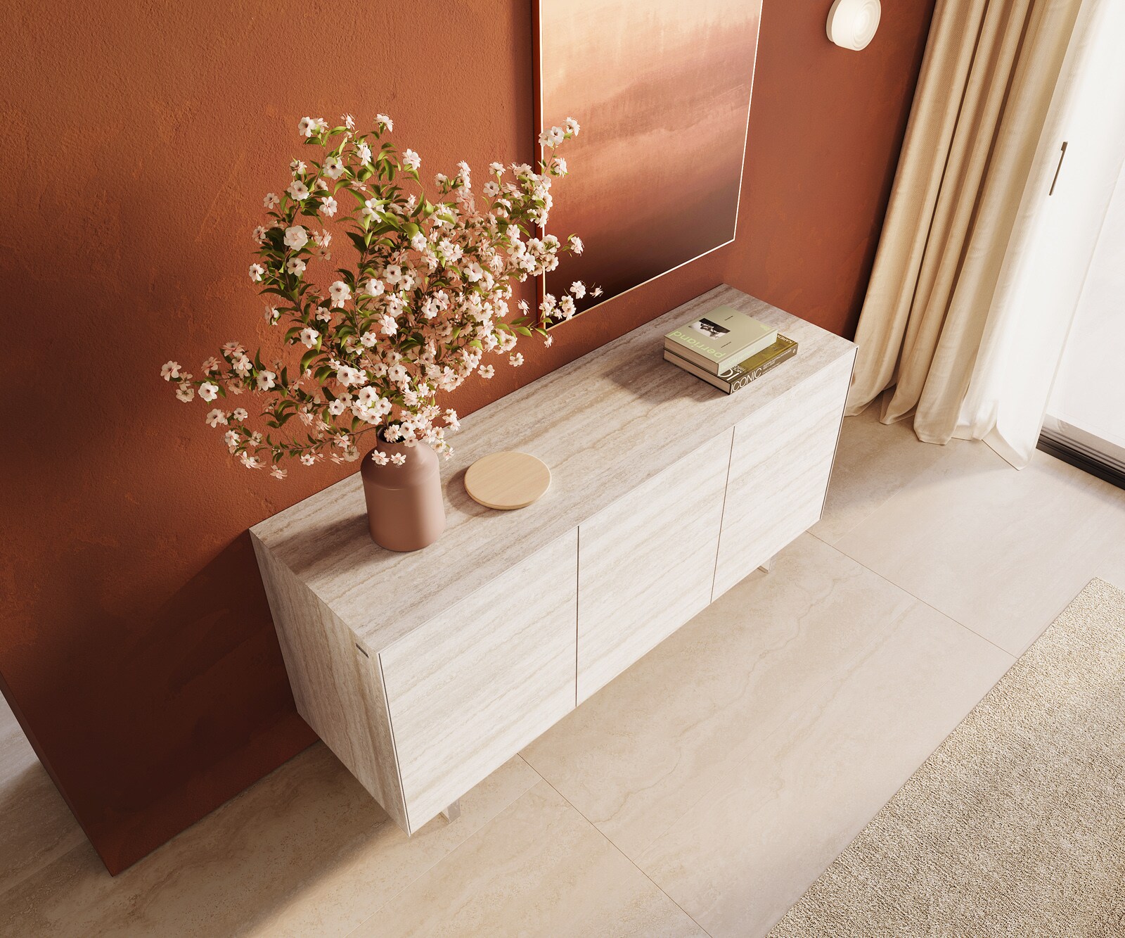 Sideboard Cuor 150 cm Keramik Laminam® Travertino Bianco Creme-Weiß 3 Türen Fuß Schwebeoptik Acrylglas 4