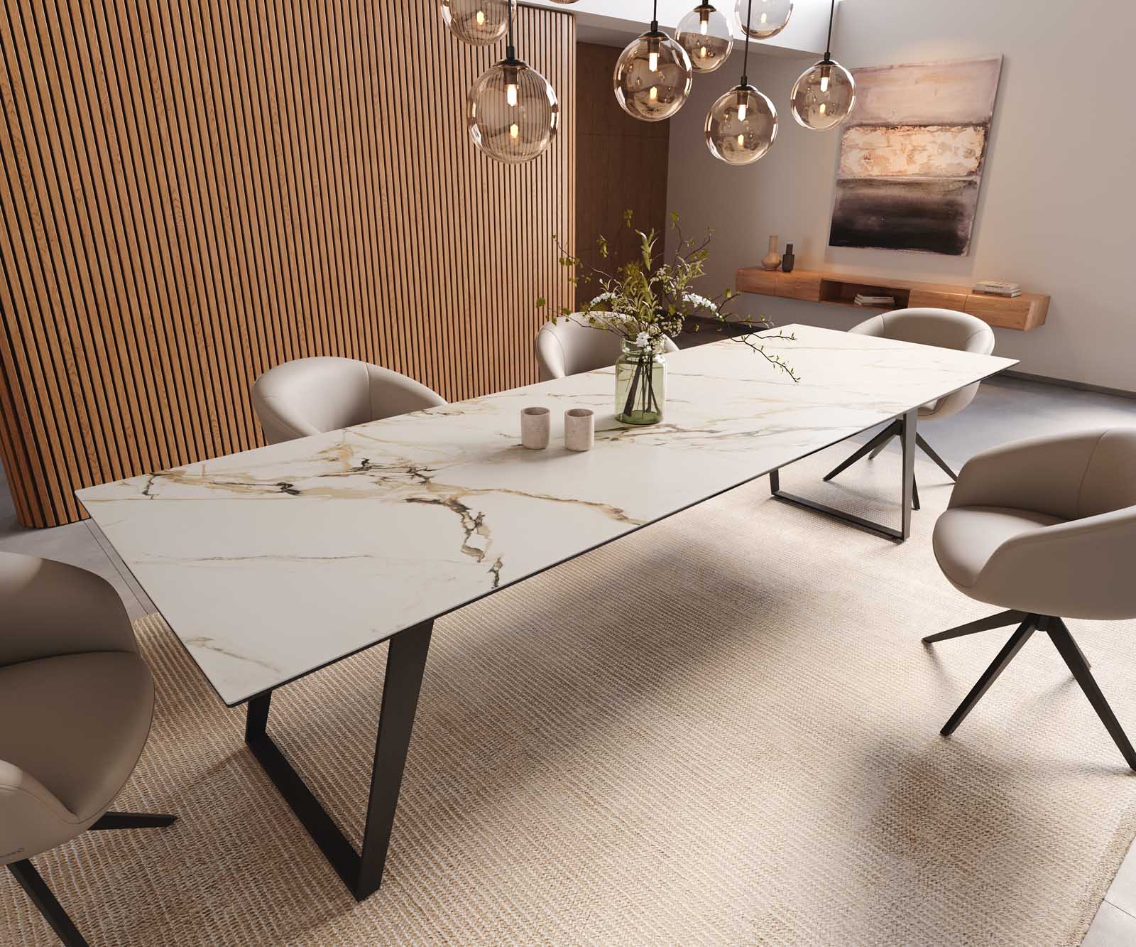 Esstisch Edge 300x100 Keramik Calacatta Luxe Weiß-Gold-Grau Metall Schräg Schwarz Esstisch Edge 300x100 Keramik Calacatta Luxe Weiß-Gold-Grau Metall Schräg Schwarz