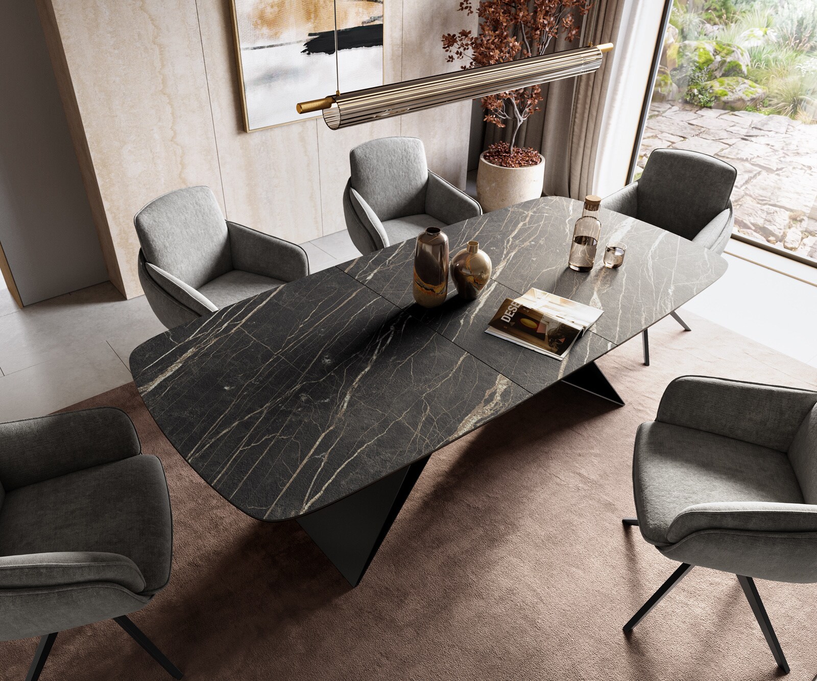 Esstisch Edge Boot 180-220x100 cm Laminam® Keramik Noir Desir Braun V-Gestell Flachstahl Schwarz ausziehbar 4