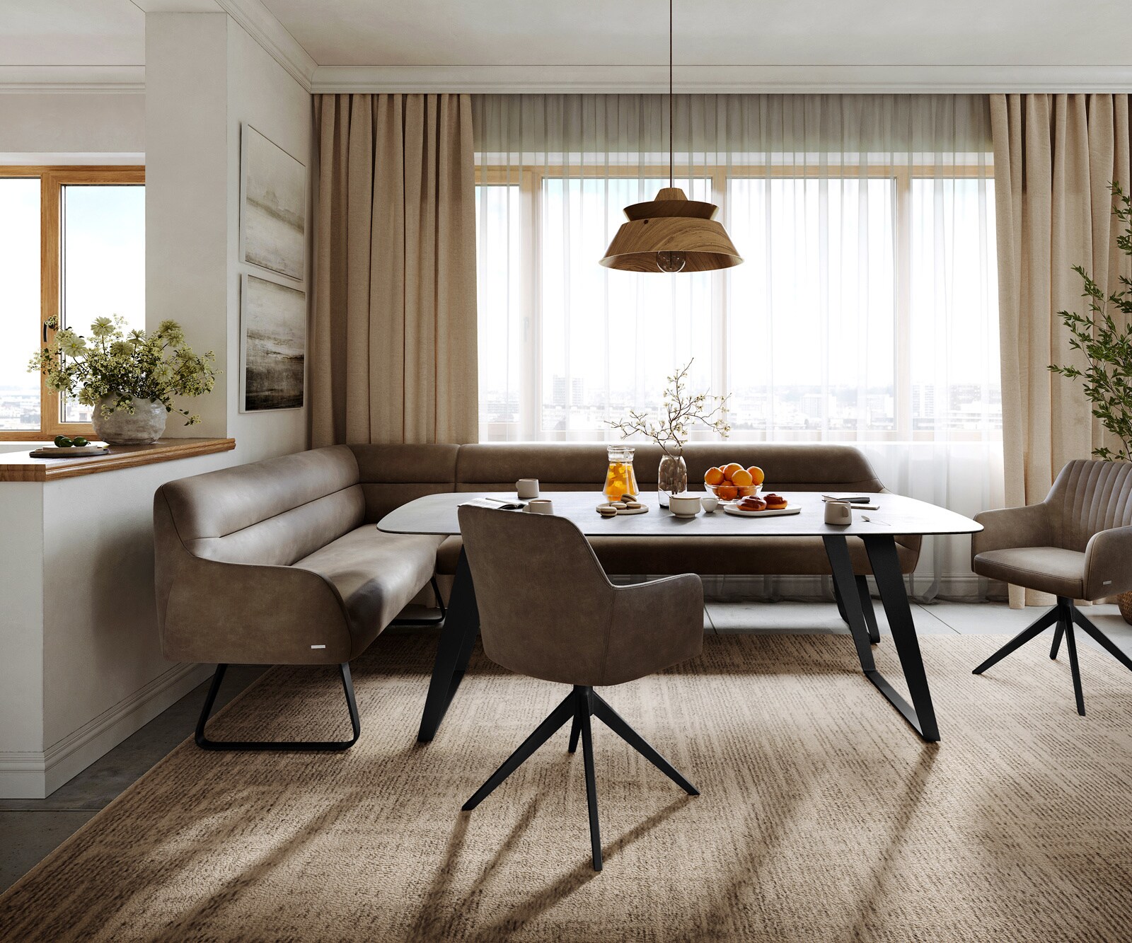 Esszimmerbank Taya-Flex 285x190 cm Mikrofaser Taupe Vintage Kufengestell flach Schwarz Taschenfederkern Rechts 1