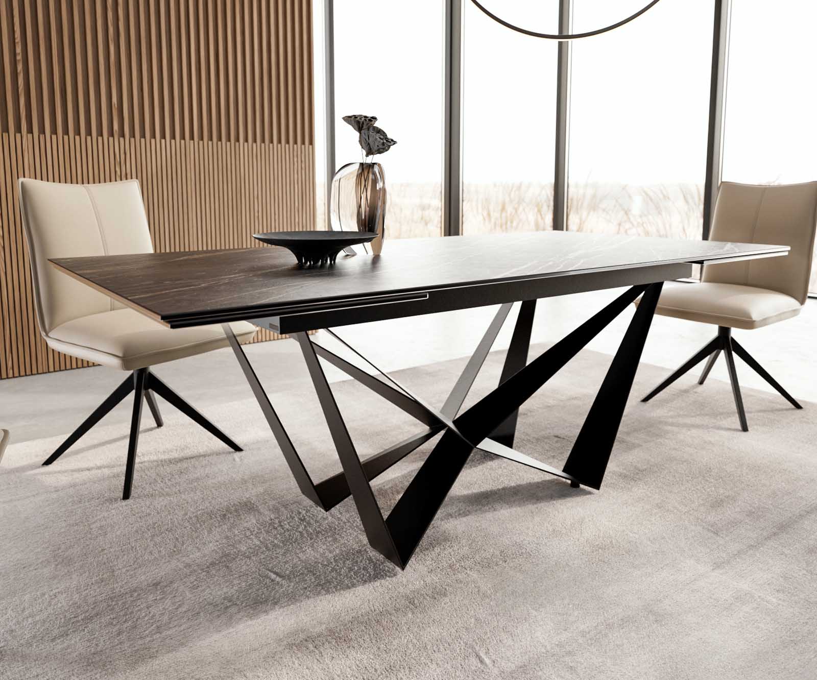 Esstisch Edge 200-300x100 Keramik Laminam®Noir Desir Braun Spider Flachstahl Schwarz ausziehbar 6