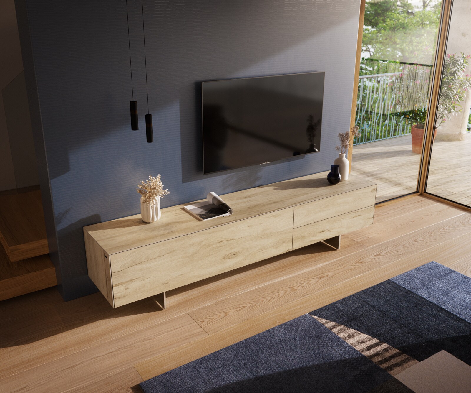 Lowboard Cuor 220 cm Keramik Laminam® Sabbia Eichefarbig 1 Klappe 2 Schubfächer Fuß Schwebeoptik Edelstahl 4