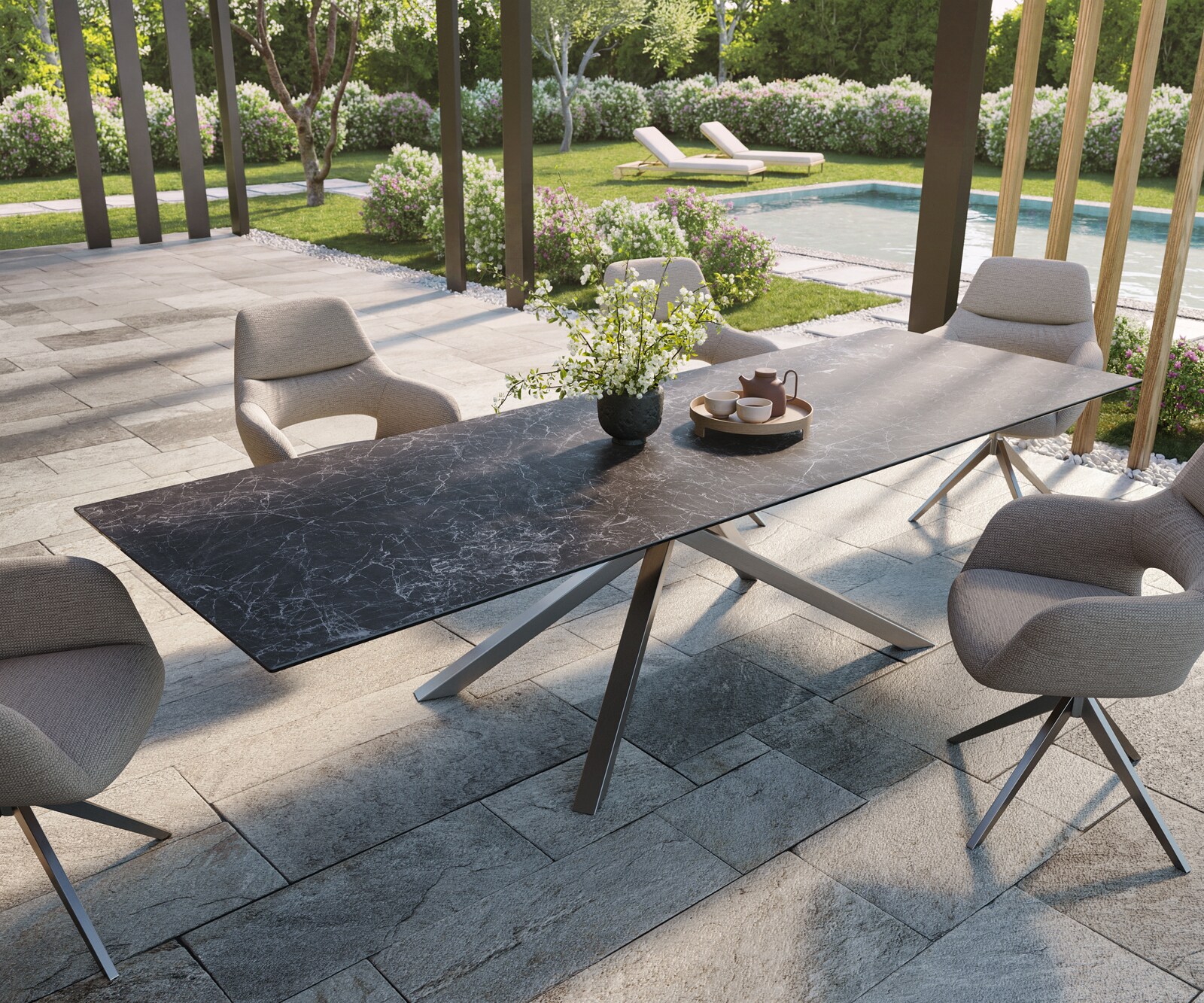 Outdoortisch Edge 300x100 cm Keramik Laminam® Nero Greco Anthrazit Kreuzgestell Rechteck Edelstahl