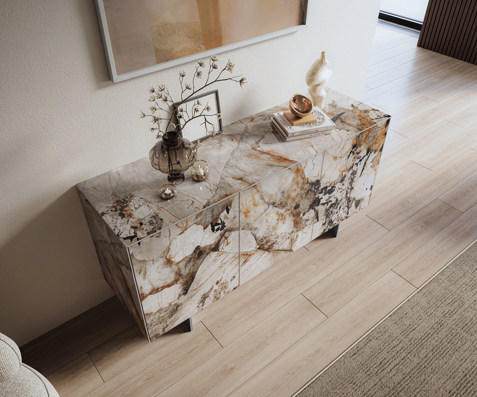 Sideboard Cuor 150 cm Keramik Patagonia Poliert 3 Türen Fuß Schwebeoptik Edelstahl 4