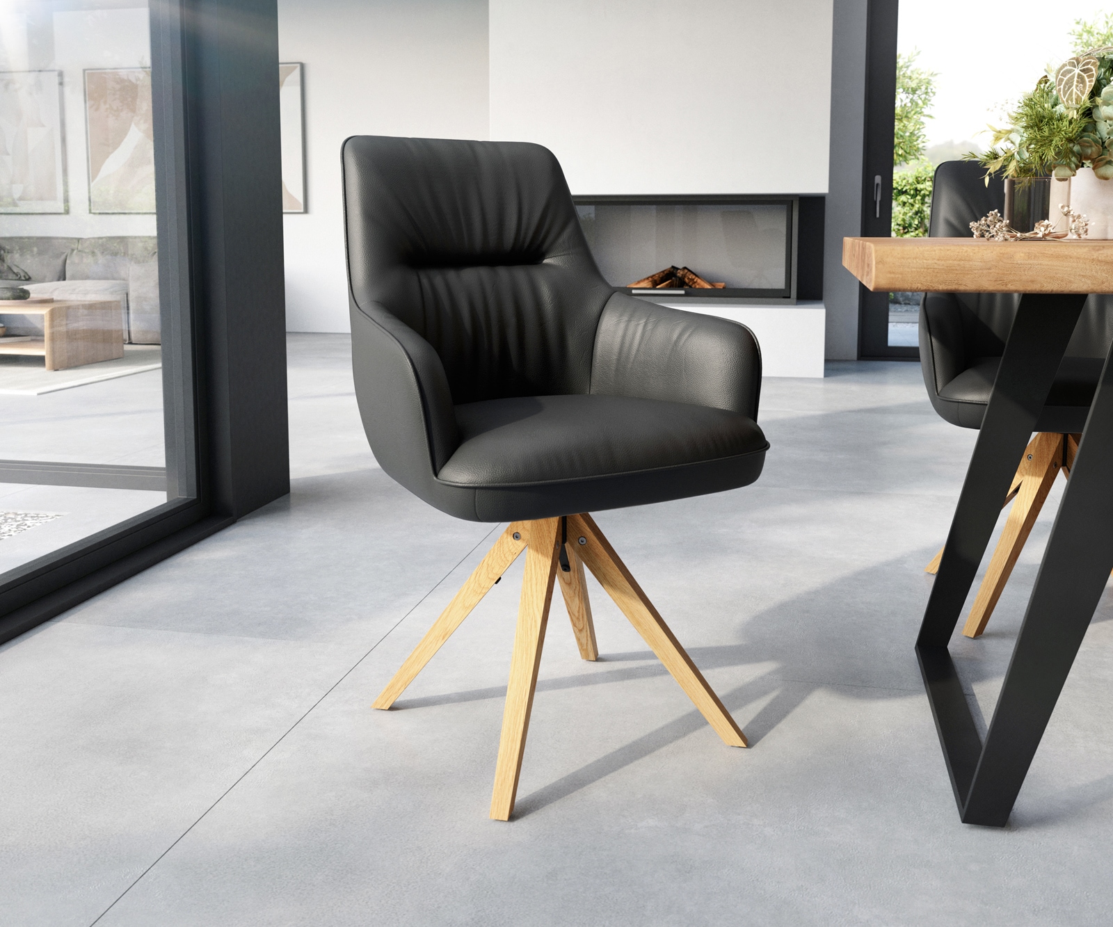 Esszimmerstuhl Zelia-Flex mit Armlehnen Echt-Leder Schwarz Holzgestell kantig Natur Taschenfederkern Esszimmerstuhl Zelia-Flex mit Armlehnen Echt-Leder Schwarz Holzgestell kantig Natur Taschenfederkern