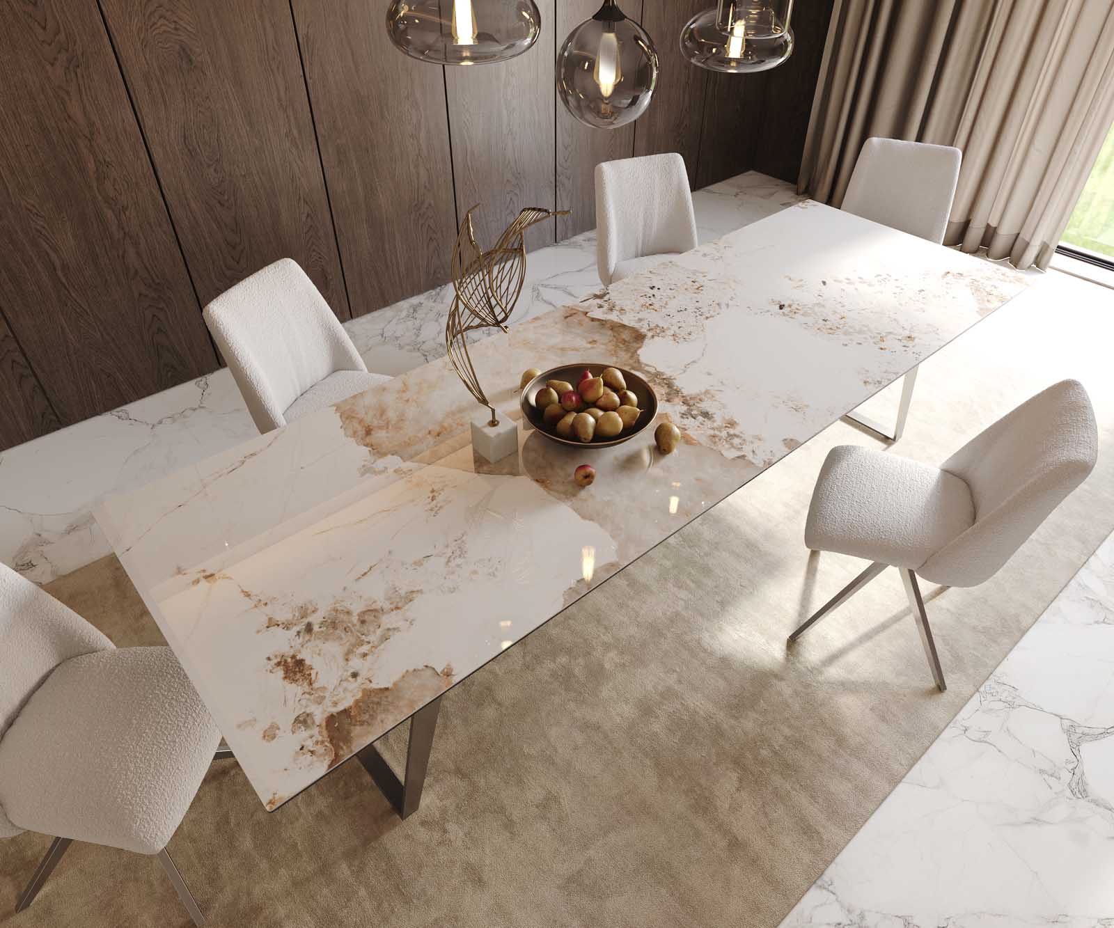 Esstisch Edge 300x100 Keramik Minas Melange Weiß-Beige Edelstahl Schräg 5