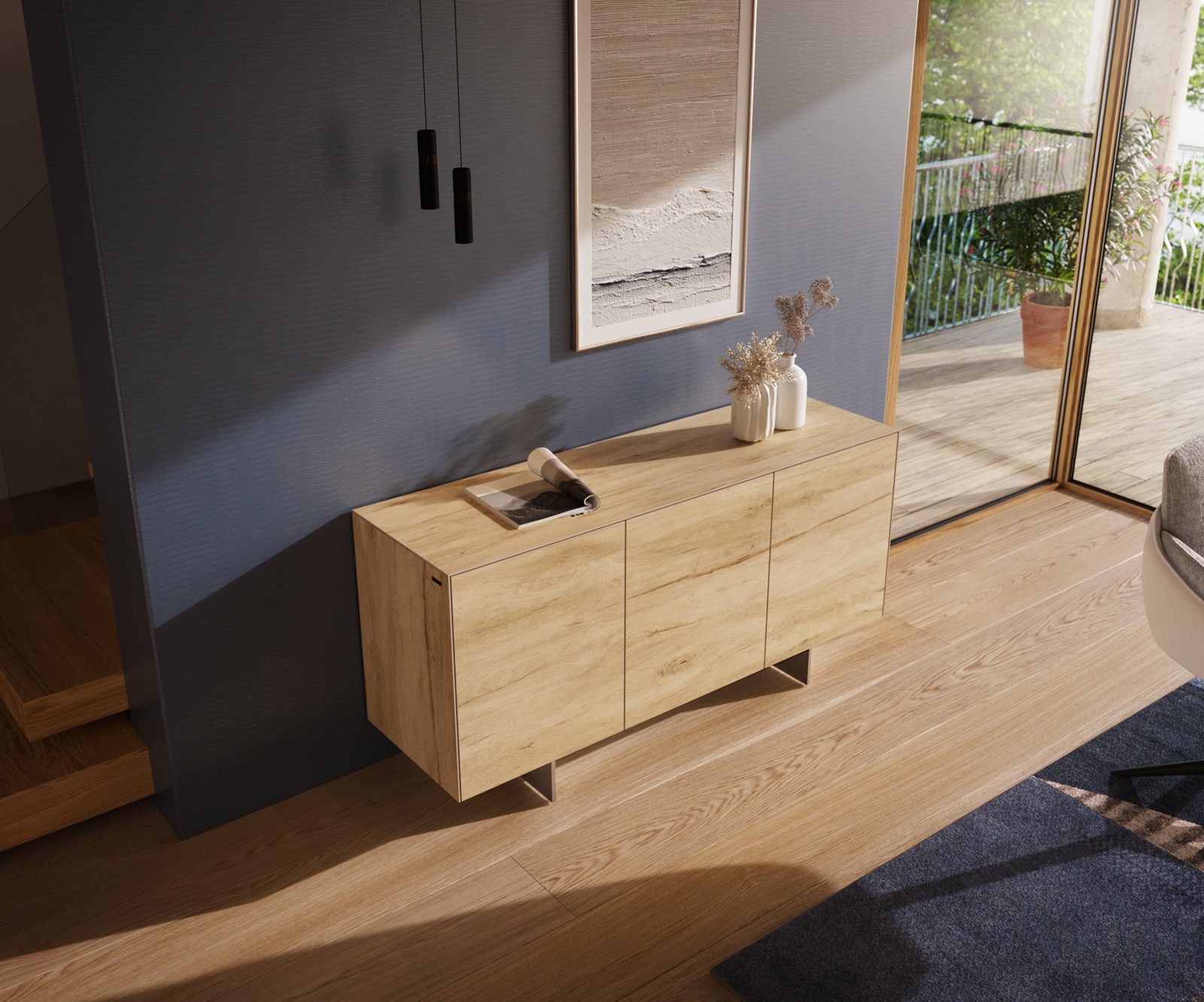 Sideboard Cuor 150 cm Keramik Laminam® Sabbia Eichefarbig 3 Türen Fuß Schwebeoptik Edelstahl 4