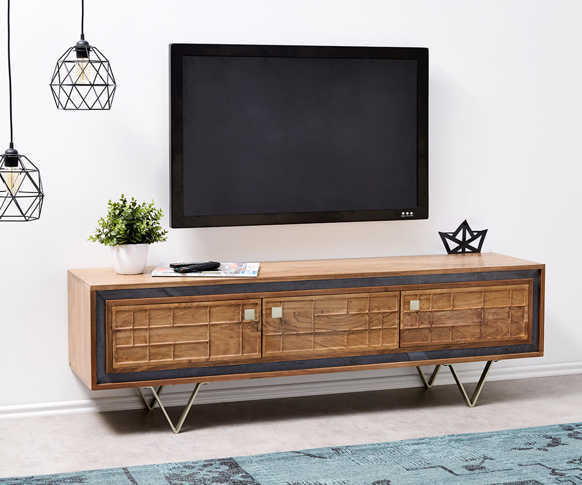 Designer-Lowboard Stonegrace 147 cm Akazie Natur 3D 3 Türen