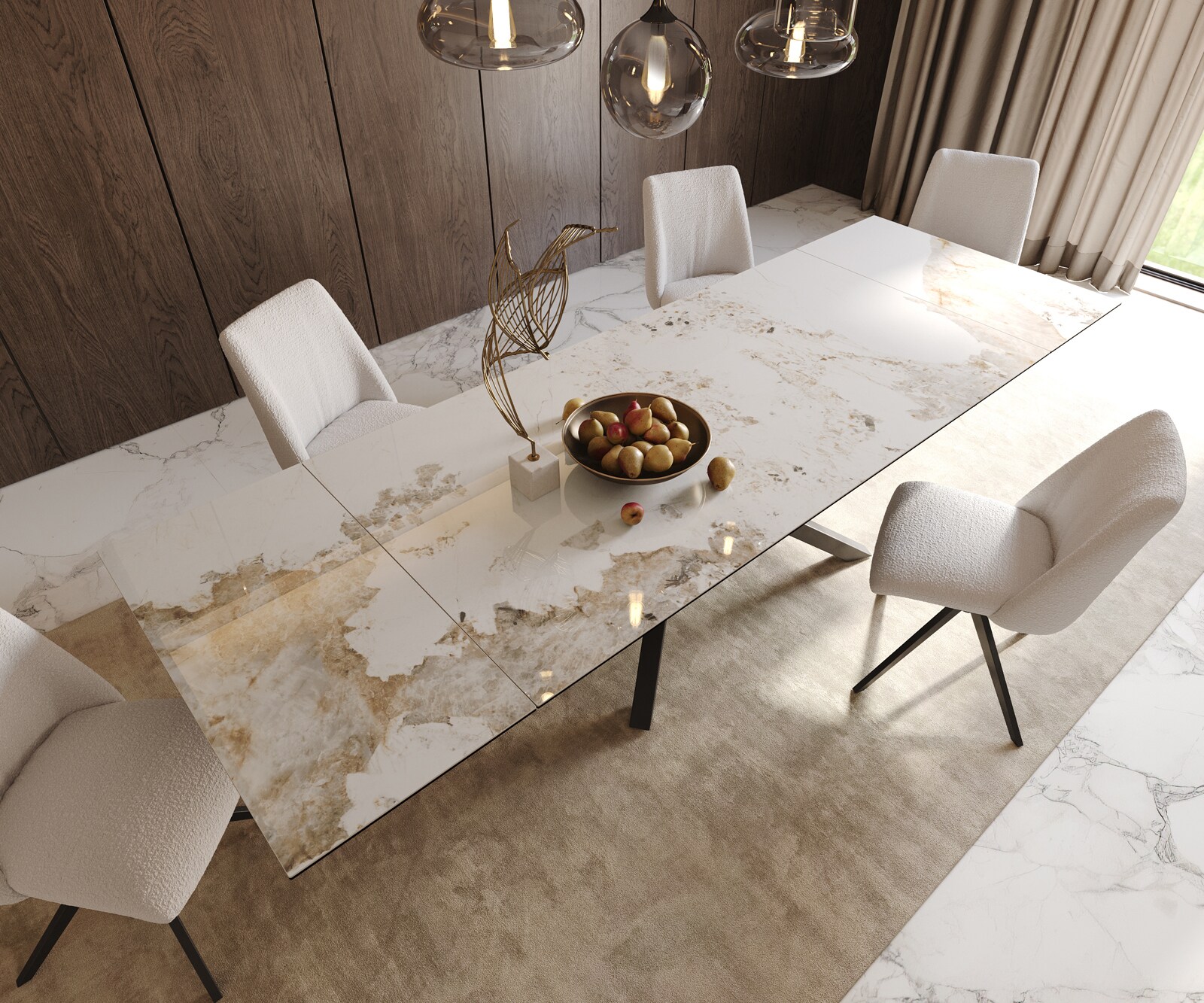 Esstisch Edge 200-300x100 Keramik Minas Melange Weiß-Beige Kreuzgestell Rechteck Schwarz ausziehbar 5