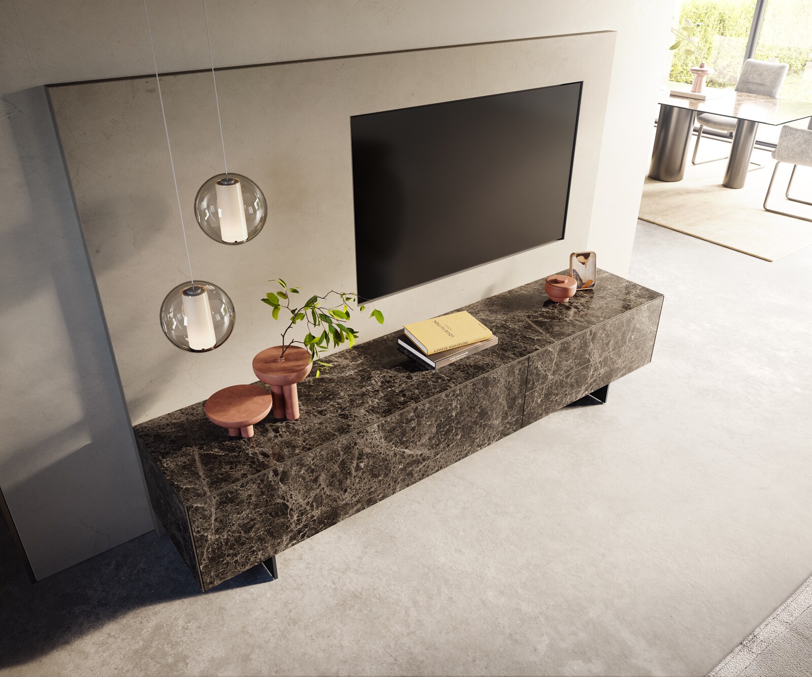 Lowboard Cuor 220 cm Keramik Laminam® Emperador Extra Lucidato Dunkelbraun 1 Klappe 2 Schubfächer Fuß Schwebeoptik Metall Schwarz 3