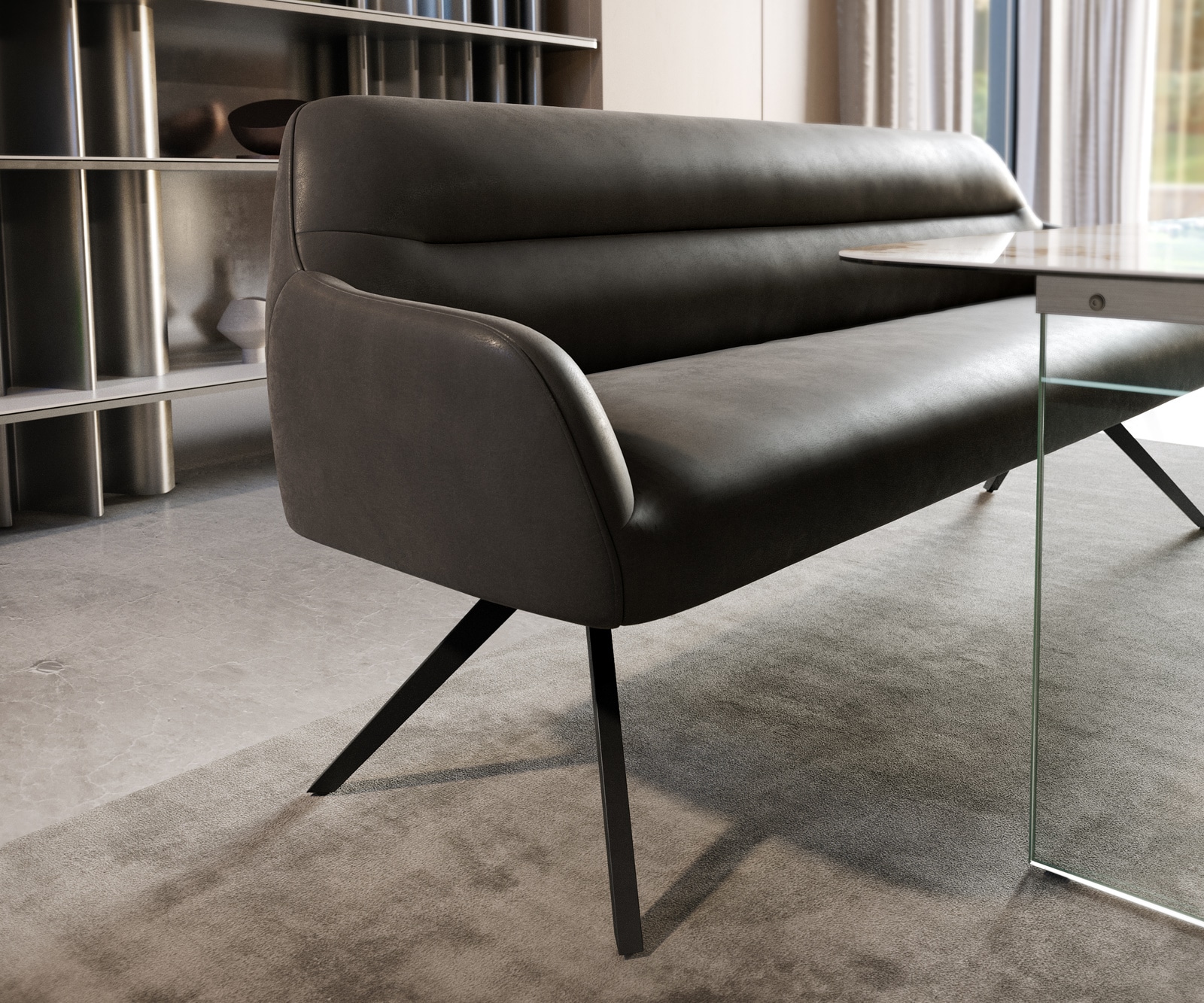 Esszimmerbank Taya-Flex 200 cm Mikrofaser Anthrazit Vintage Kreuzgestell kantig Schwarz Taschenfederkern 4