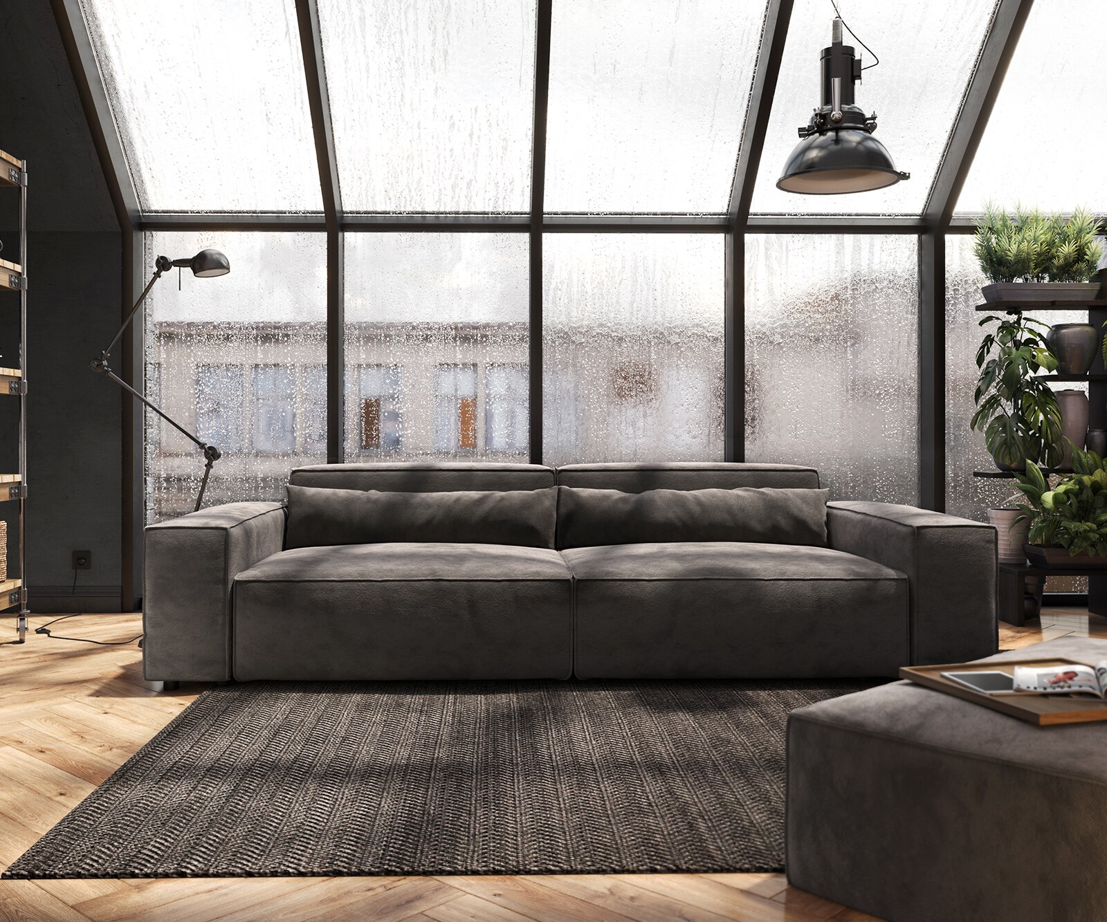Big-Sofa Sirpio XL 270x130 cm Mikrofaser Khakibraun mit Hocker 1