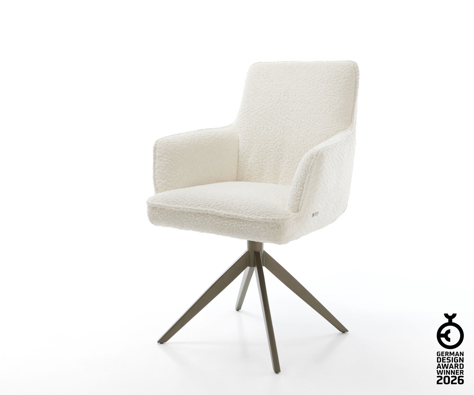 Drehstuhl Heira-Flex mit Armlehnen Bouclé Weiß Kreuzgestell breit Effektfinish Titan 360° drehbar Taschenfederkern