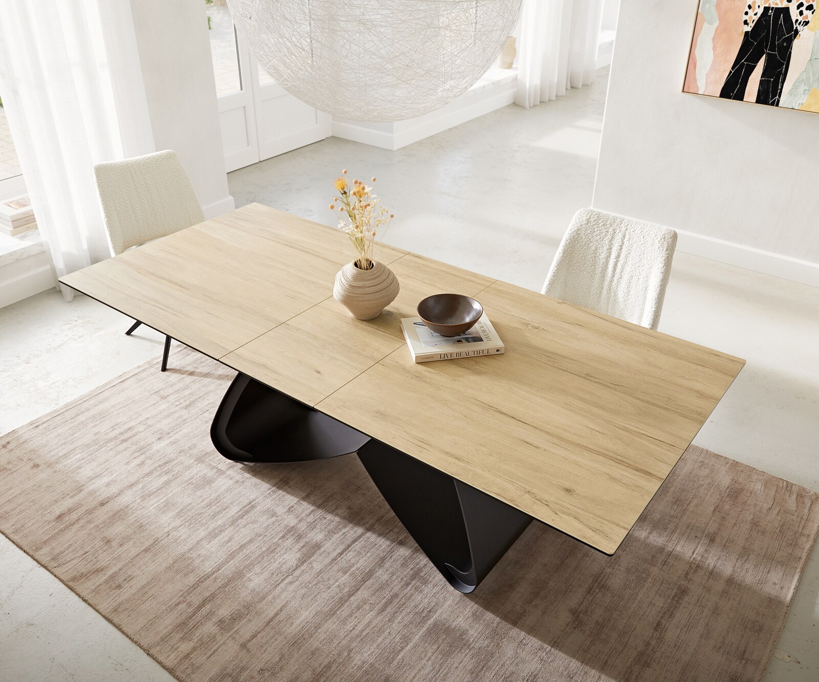 Esstisch Edge 180-220x100 Keramik Laminam® Sabbia Eichefarbig W-Gestell Schwarz ausziehbar 4