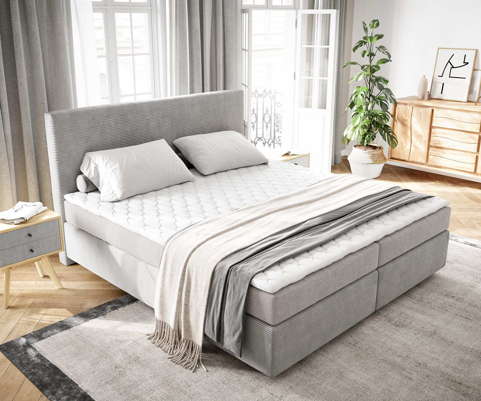 Boxspringbett Dream-Well 160x200 cm Cord Silbergrau mit Matratze und Topper 3