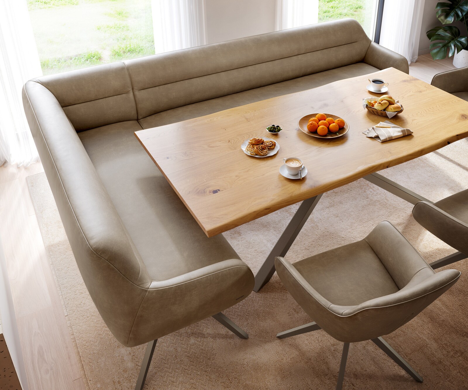 Esszimmerbank Taya-Flex 285x190 cm Mikrofaser Beige Vintage Kreuzgestell kantig Effektfinish Titan Taschenfederkern Rechts 3
