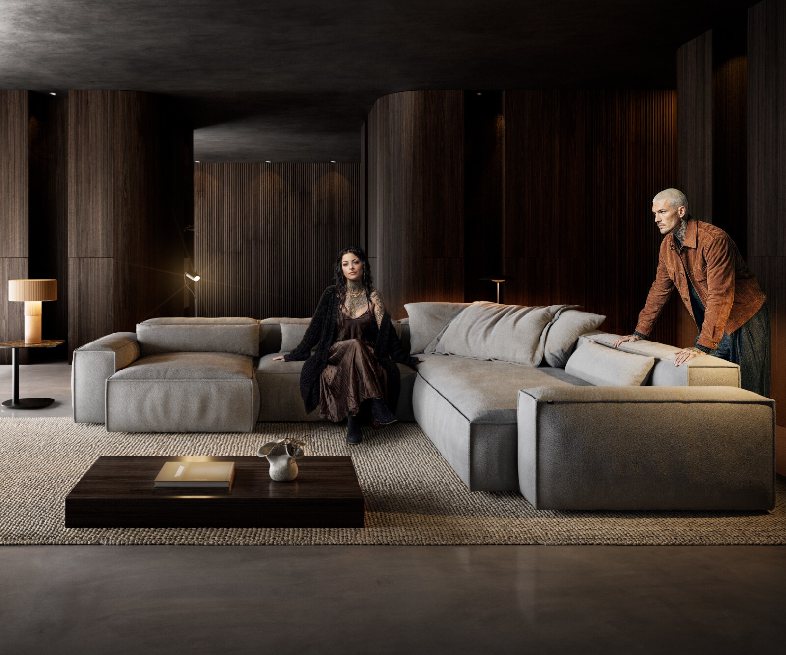 Wohnlandschaft Freestyle 360x290 cm Strukturstoff Soft Grau Kedernaht 1