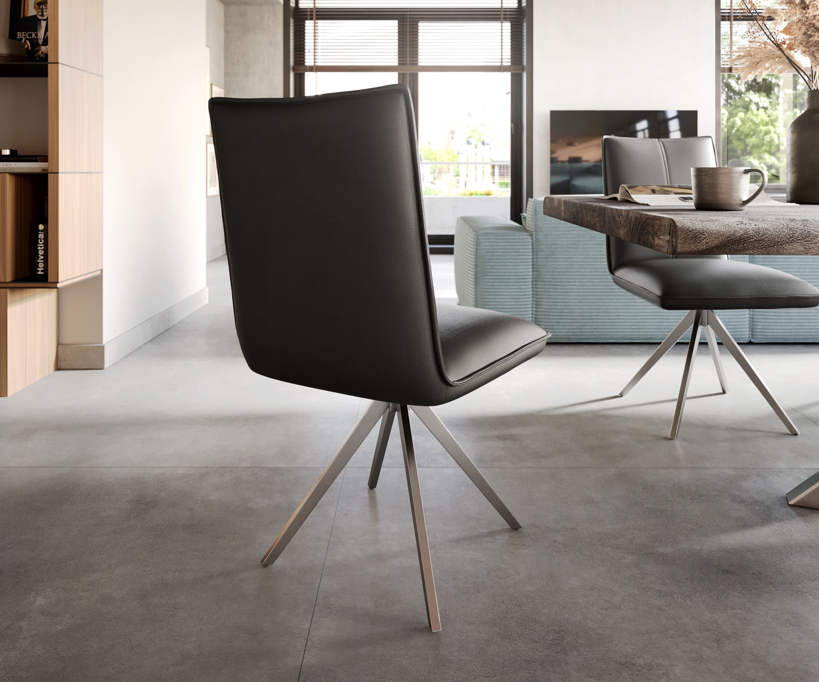 Esszimmerstuhl Lelio-Flex Echt-Leder Schwarz Kreuzgestell breit Edelstahl Taschenfederkern 4 Esszimmerstuhl Lelio-Flex Echt-Leder Schwarz Kreuzgestell breit Edelstahl Taschenfederkern 4