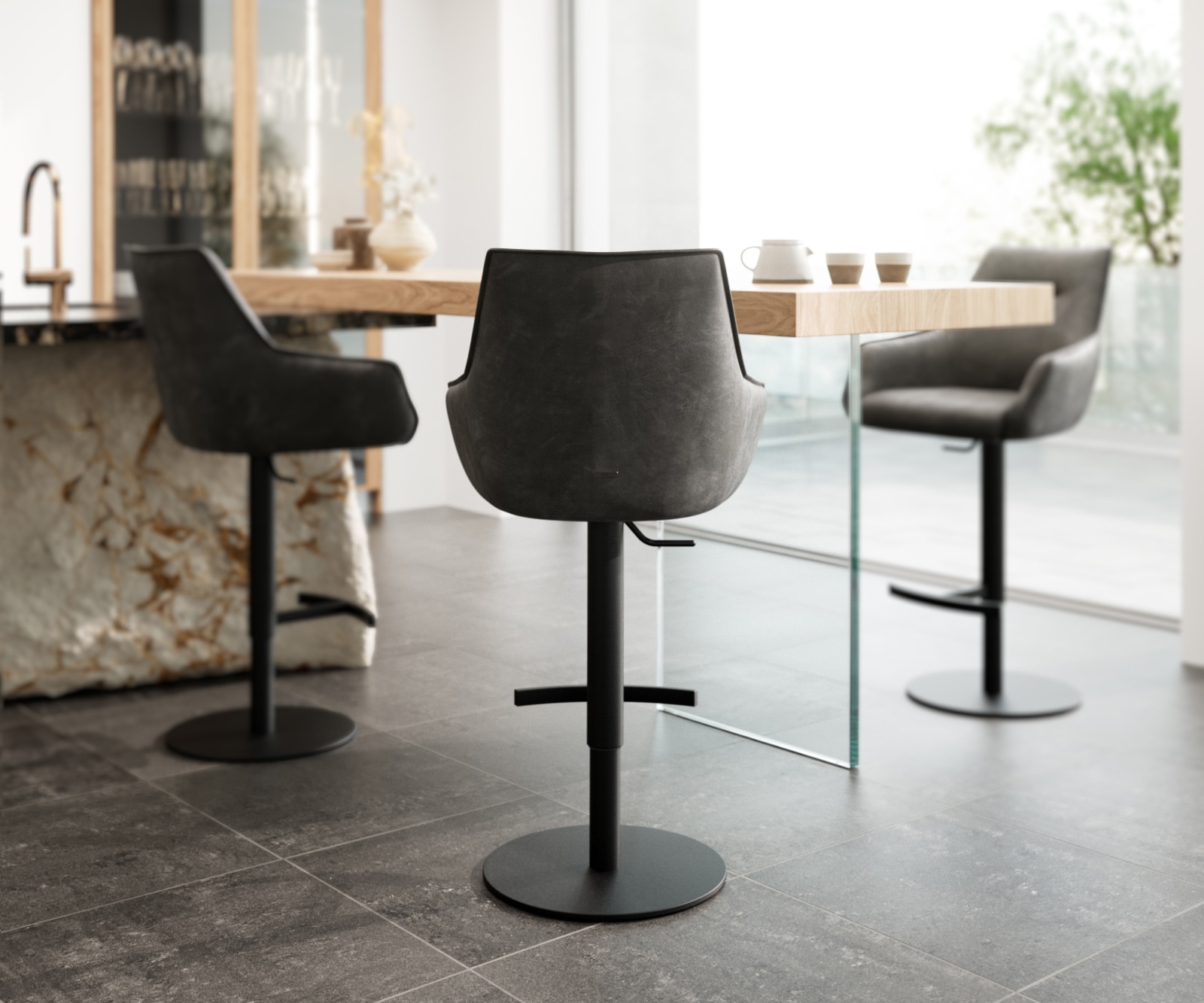 Barstuhl Alja-Flex Mikrofaser Anthrazit Vintage Drehfuß höhenverstellbar Metall Schwarz drehbar Taschenfederkern 4 Barstuhl Alja-Flex Mikrofaser Anthrazit Vintage Drehfuß höhenverstellbar Metall Schwarz drehbar Taschenfederkern 4