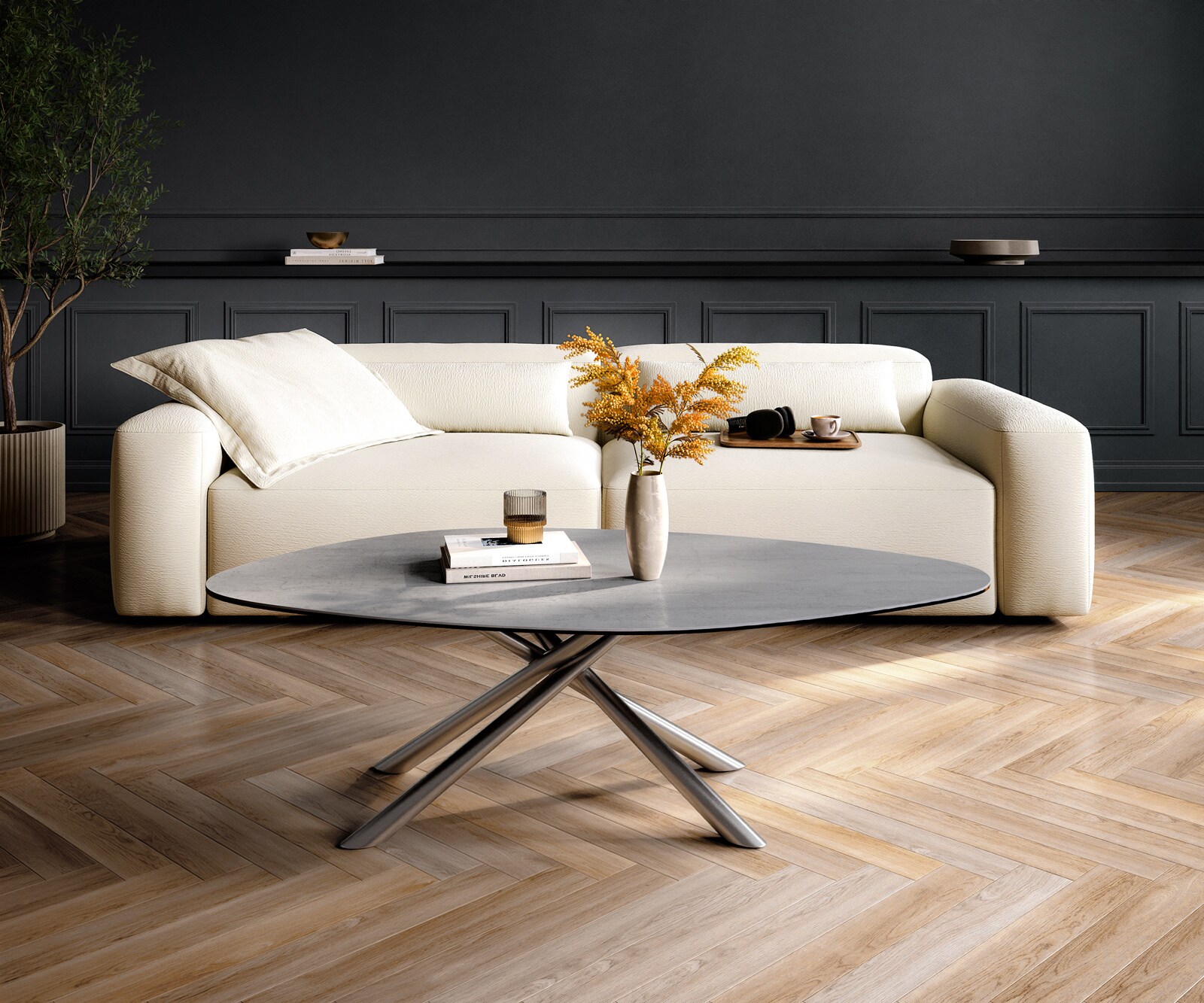 Couchtisch Edge Organisch 140x76 cm Keramik Beton Grau Sarity Edelstahl gebürstet 1