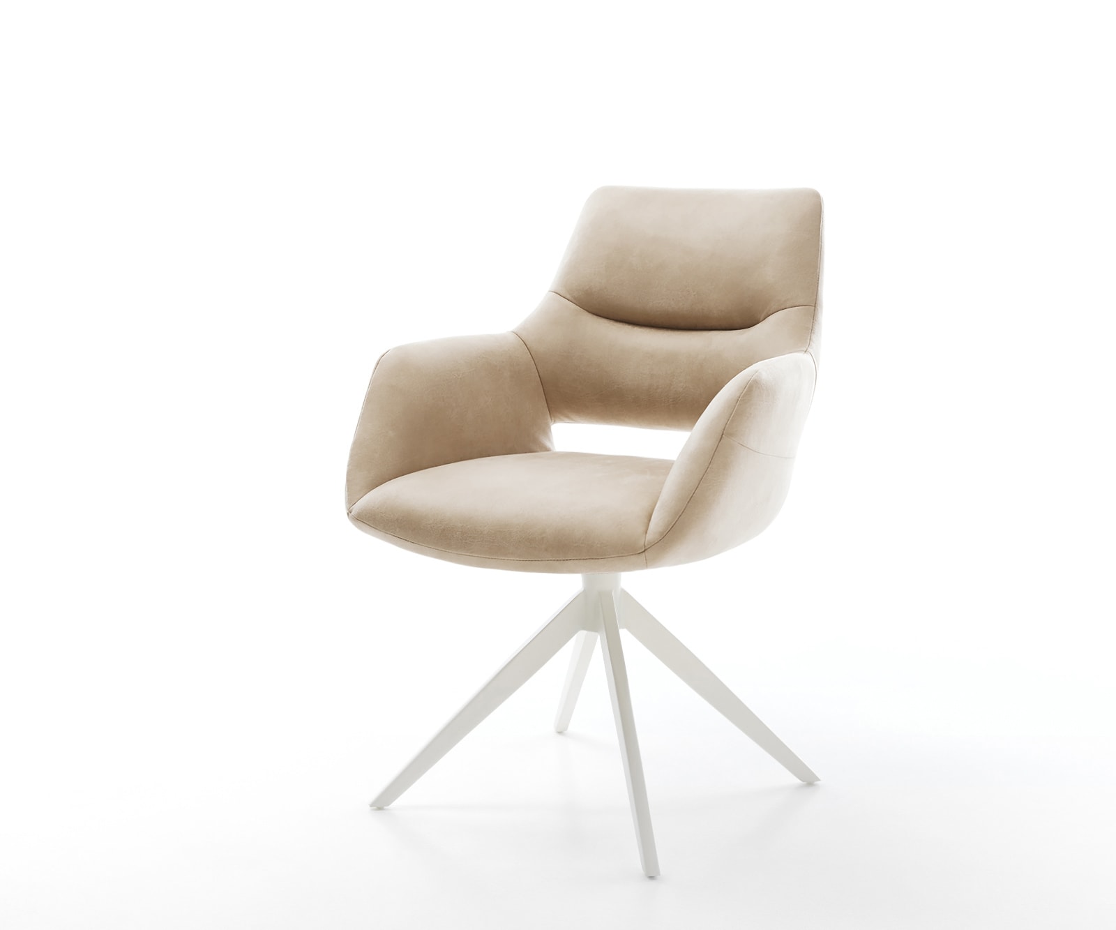 Drehstuhl Yago-Flex mit Armlehnen Mikrofaser Beige Vintage Kreuzgestell breit Weiß 360° drehbar Wippfunktion Taschenfederkern