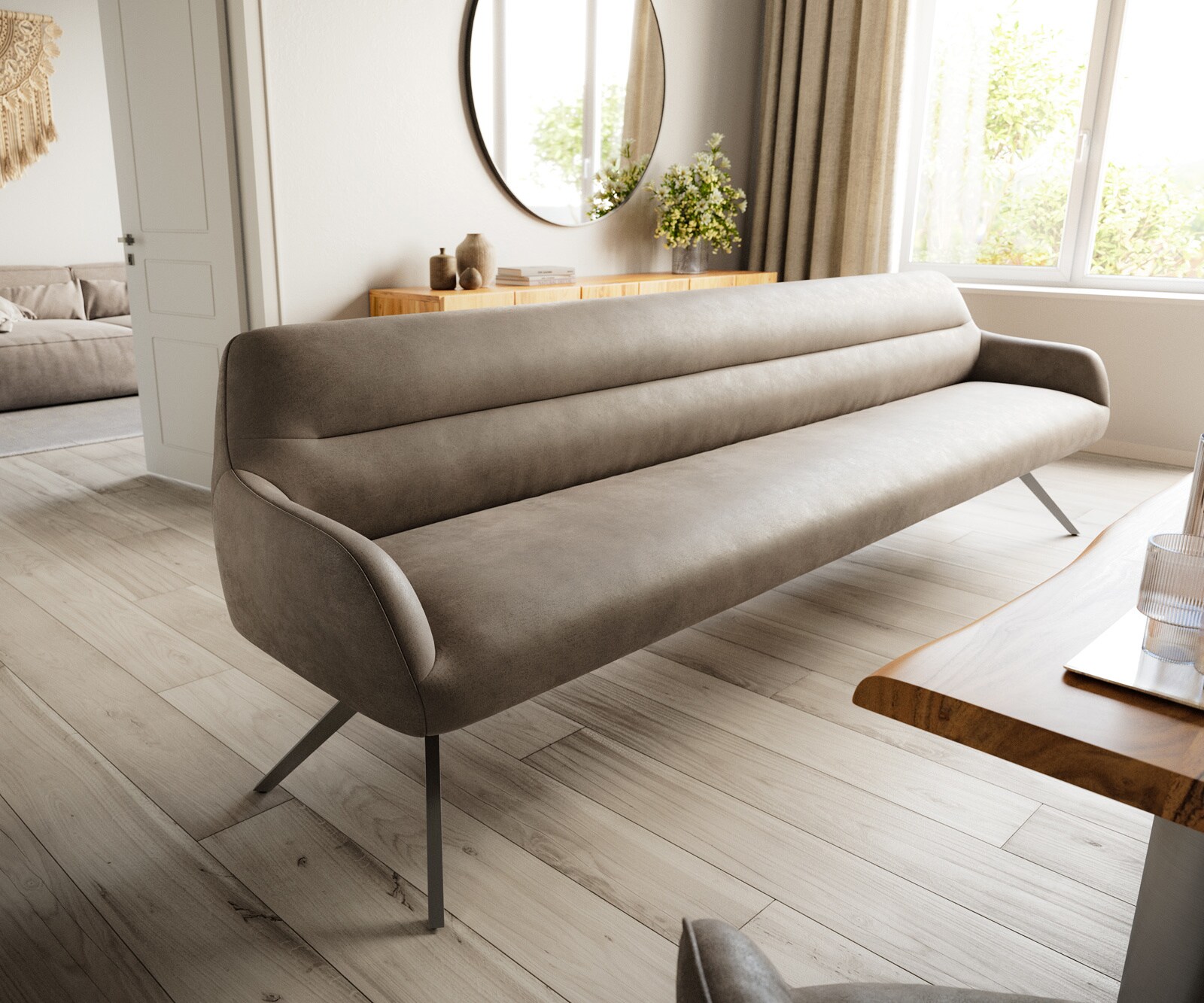 Esszimmerbank Taya-Flex 300 cm Mikrofaser Taupe Vintage Kreuzgestell kantig Graphit Taschenfederkern