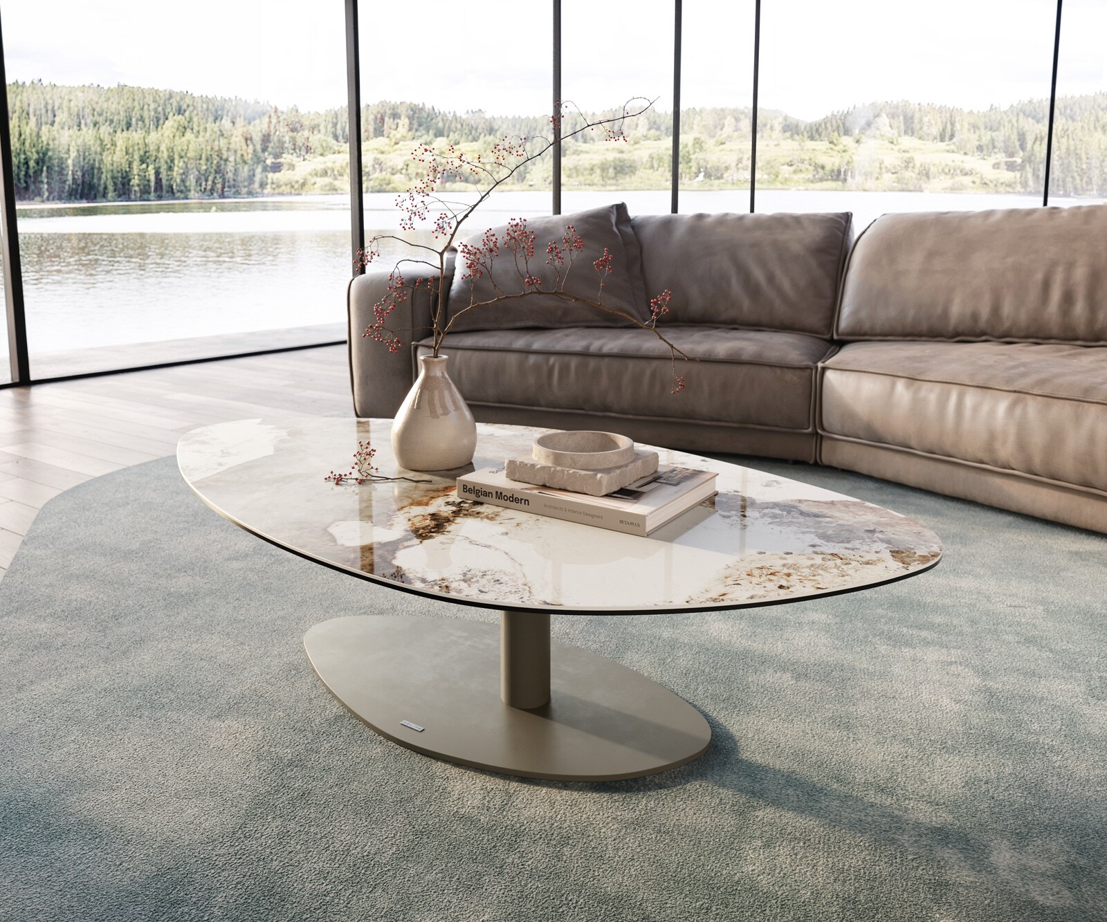 DELIFE Couchtisch Edge Organisch 140x76 cm Keramik Minas Melange Vibany Metall Effektfinish Titan