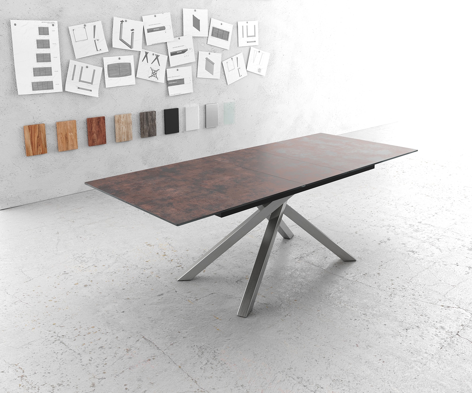 Esstisch Edge 180/220x90cm Glas Antique-braun Kreuzgestell Rechteck Edelstahl Ausziehbar Esstisch Edge 180/220x90cm Glas Antique-braun Kreuzgestell Rechteck Edelstahl Ausziehbar