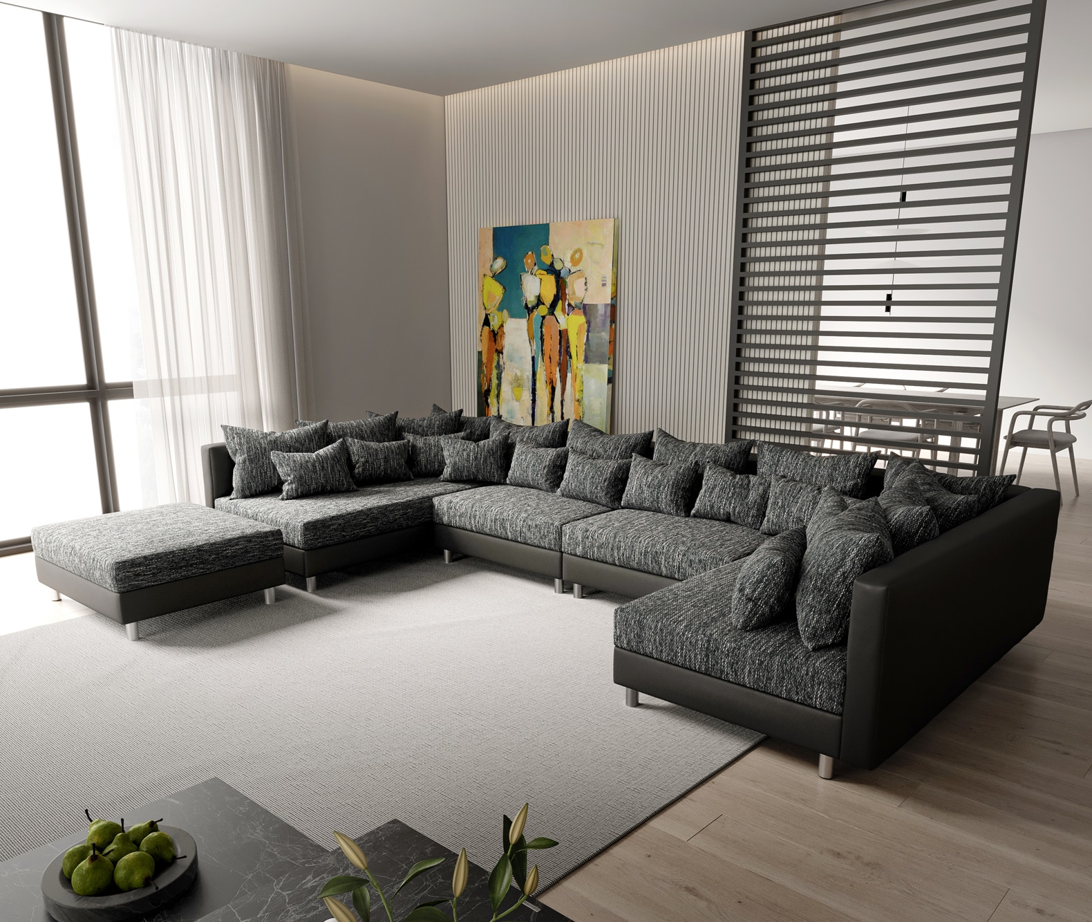 Wohnlandschaft Clovis XL Schwarz Modulsofa mit Hocker