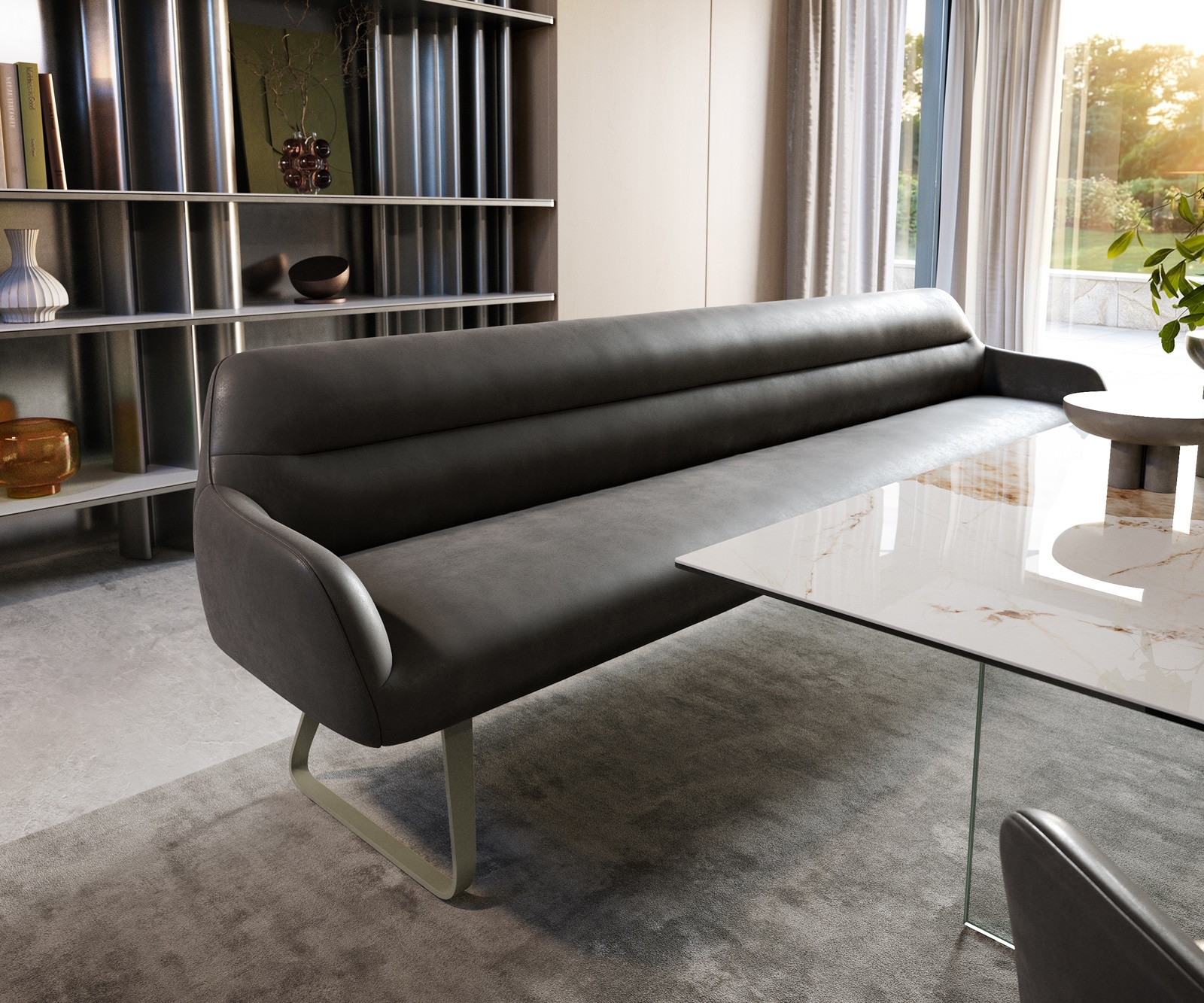 Esszimmerbank Taya-Flex 300 cm Mikrofaser Anthrazit Vintage Kufengestell flach Effektfinish Titan Taschenfederkern 1