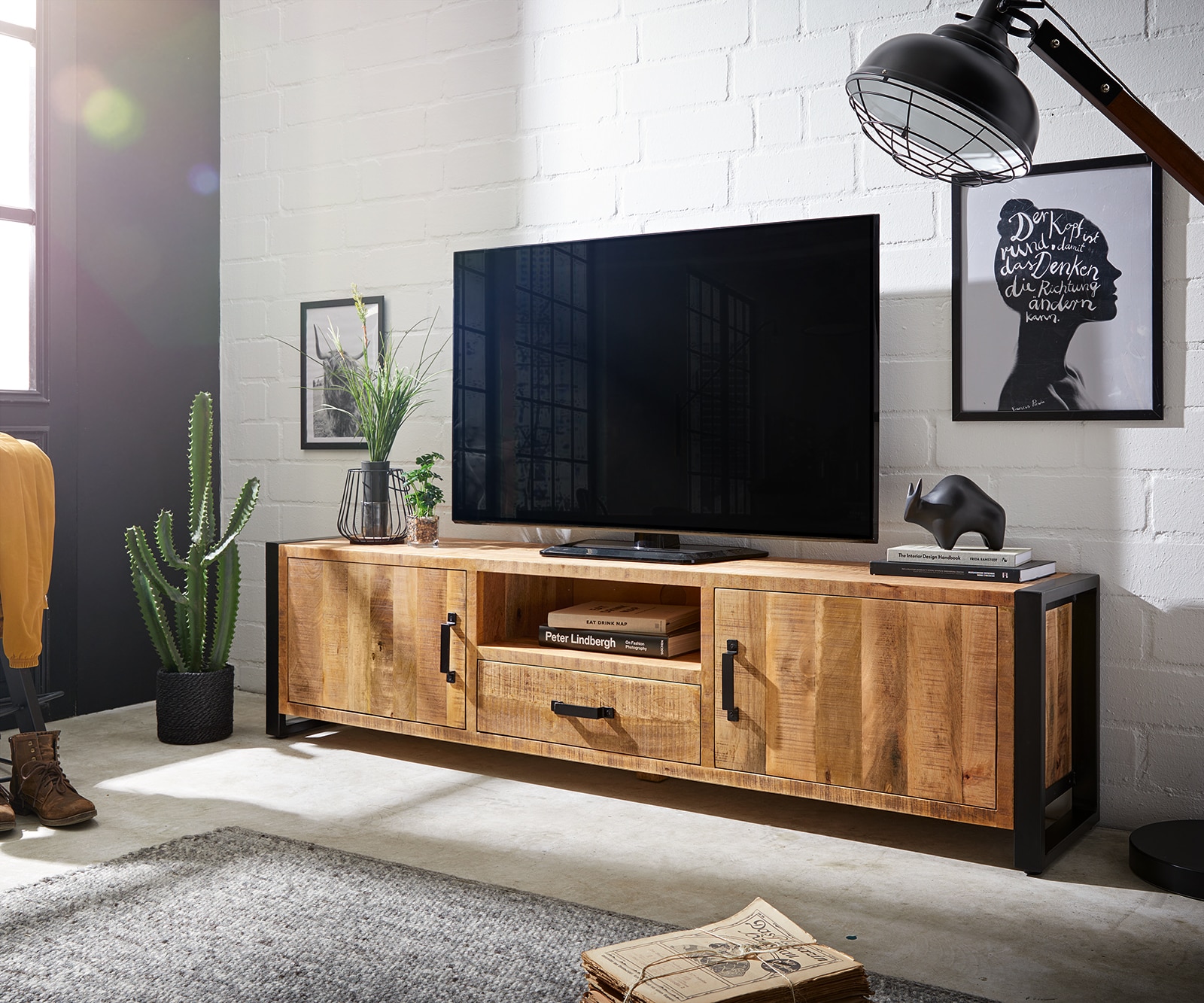 TV-Board Crompton Mango Natur Metall Schwarz 200 cm 2 Türen 1 Schublade 1 Fach TV-Board Crompton Mango Natur Metall Schwarz 200 cm 2 Türen 1 Schublade 1 Fach