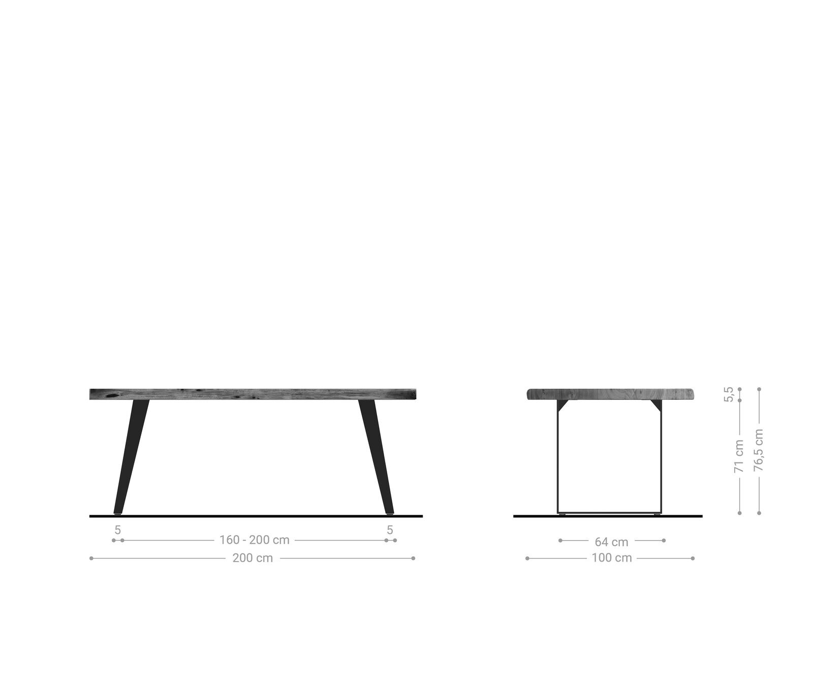 Esstisch Edge 200x100 XL Akazie Platin Metall Schräg Live-Edge 5